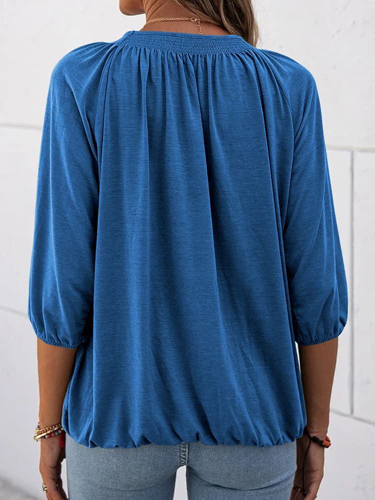 Women's Casual Cotton 3/4 Sleeve Loose Pleated Basic Tops