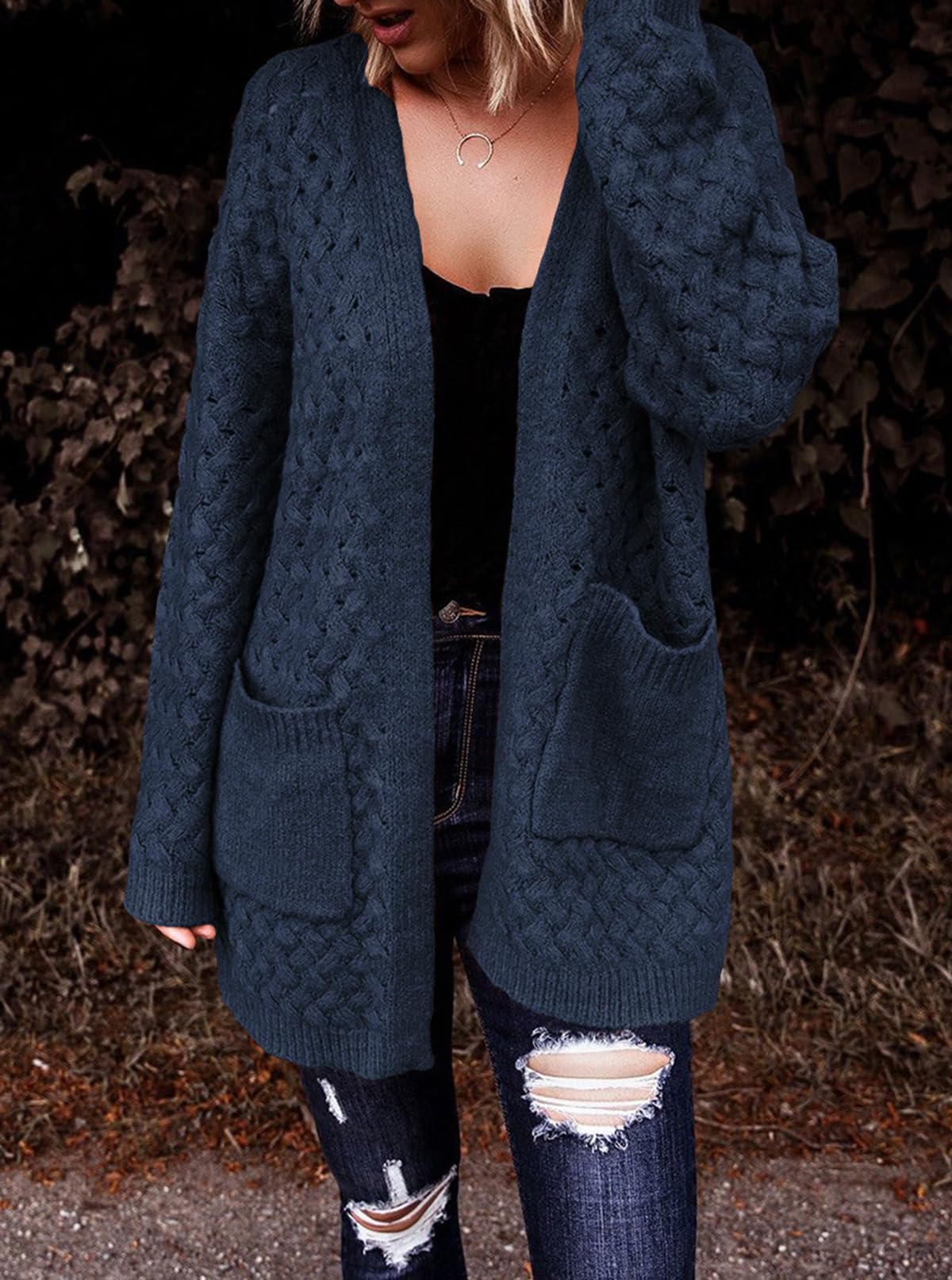 Women's Casual Open Front Long Sleeve Chunky Cable Knit Cardigans With Pockets