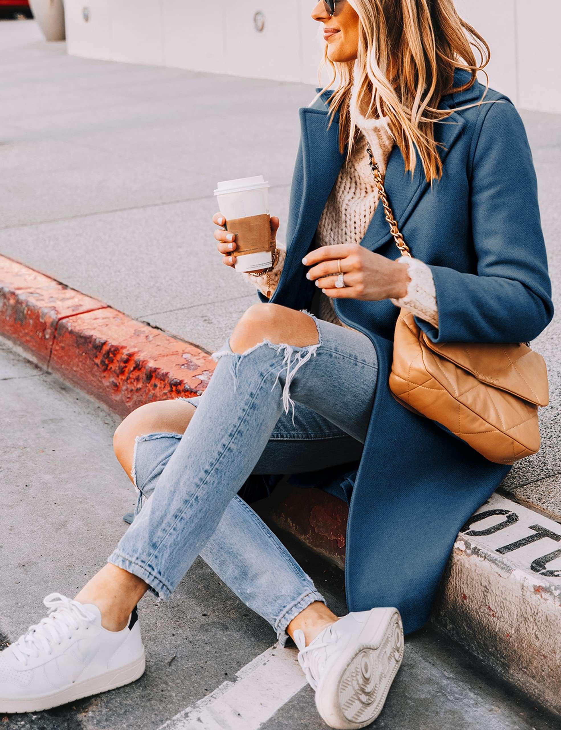 Women's Notch Lapel Double Breasted Wool Blend Mid Long Pea Trench Coat