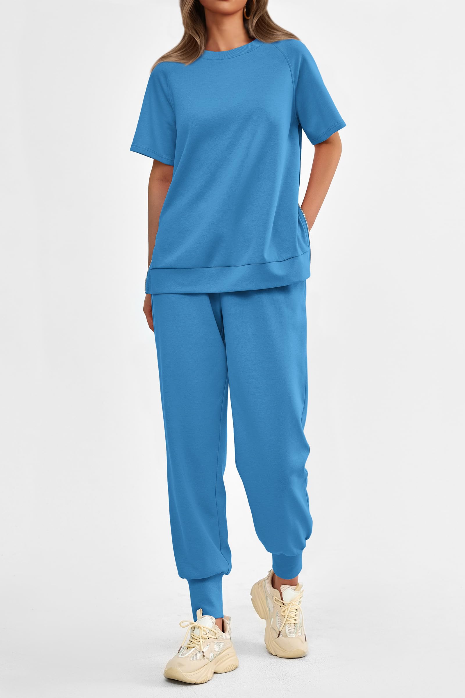 Women's Casual Short Sleeve Tops High Waisted Sweatpants Set