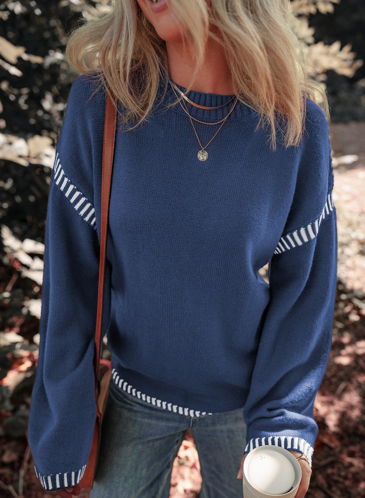 Women's Solid Crewneck Loose Fit Contrast Cable Knit Pullover Sweater