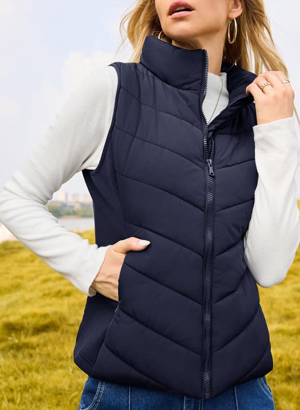 Womens Sleeveless Zip Up Stand Collar Quilted Vest