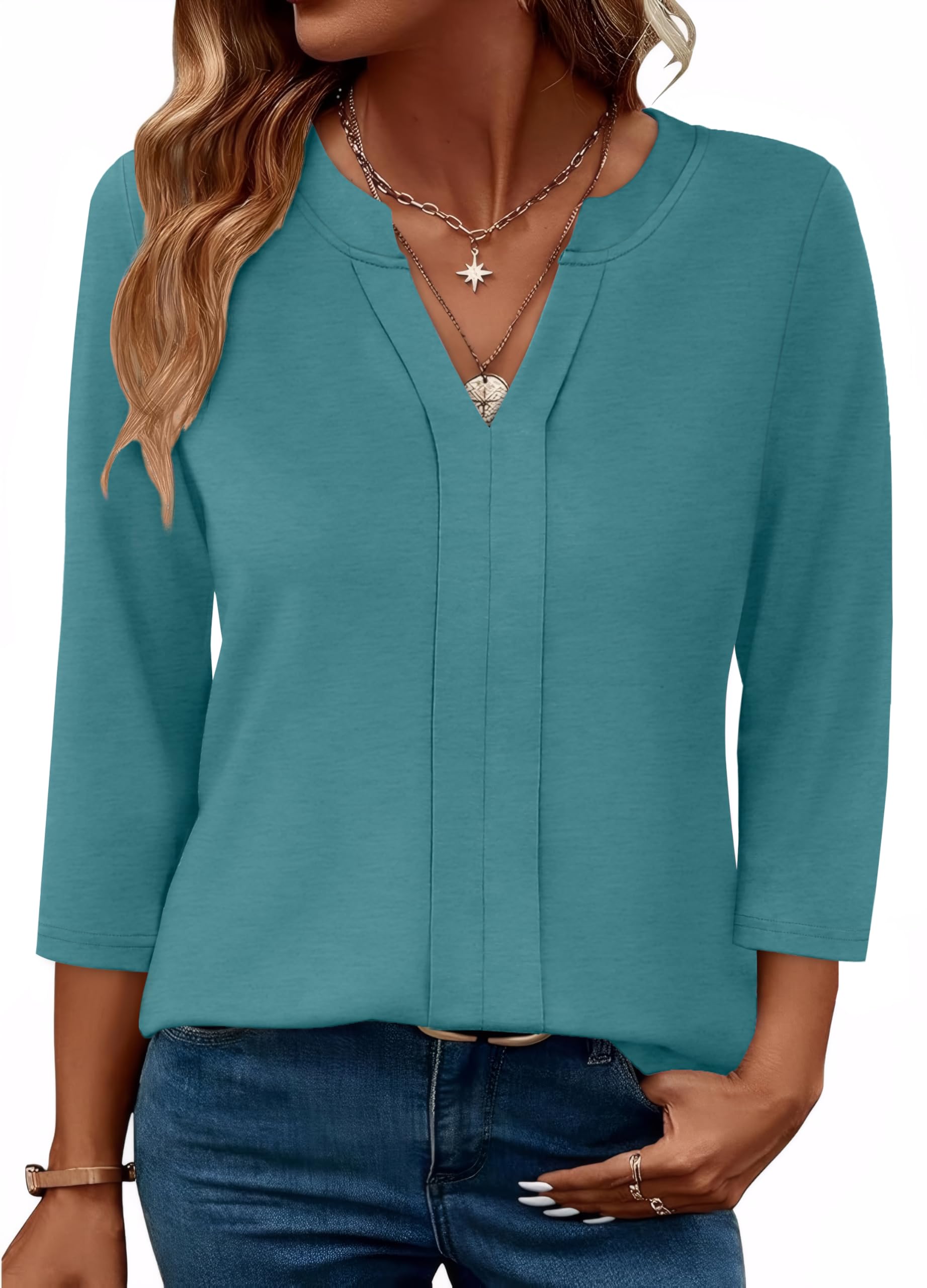 Womens 3/4 Length Sleeve Tops V Neck Pleated Work Blouses(buy 3 free shipping)