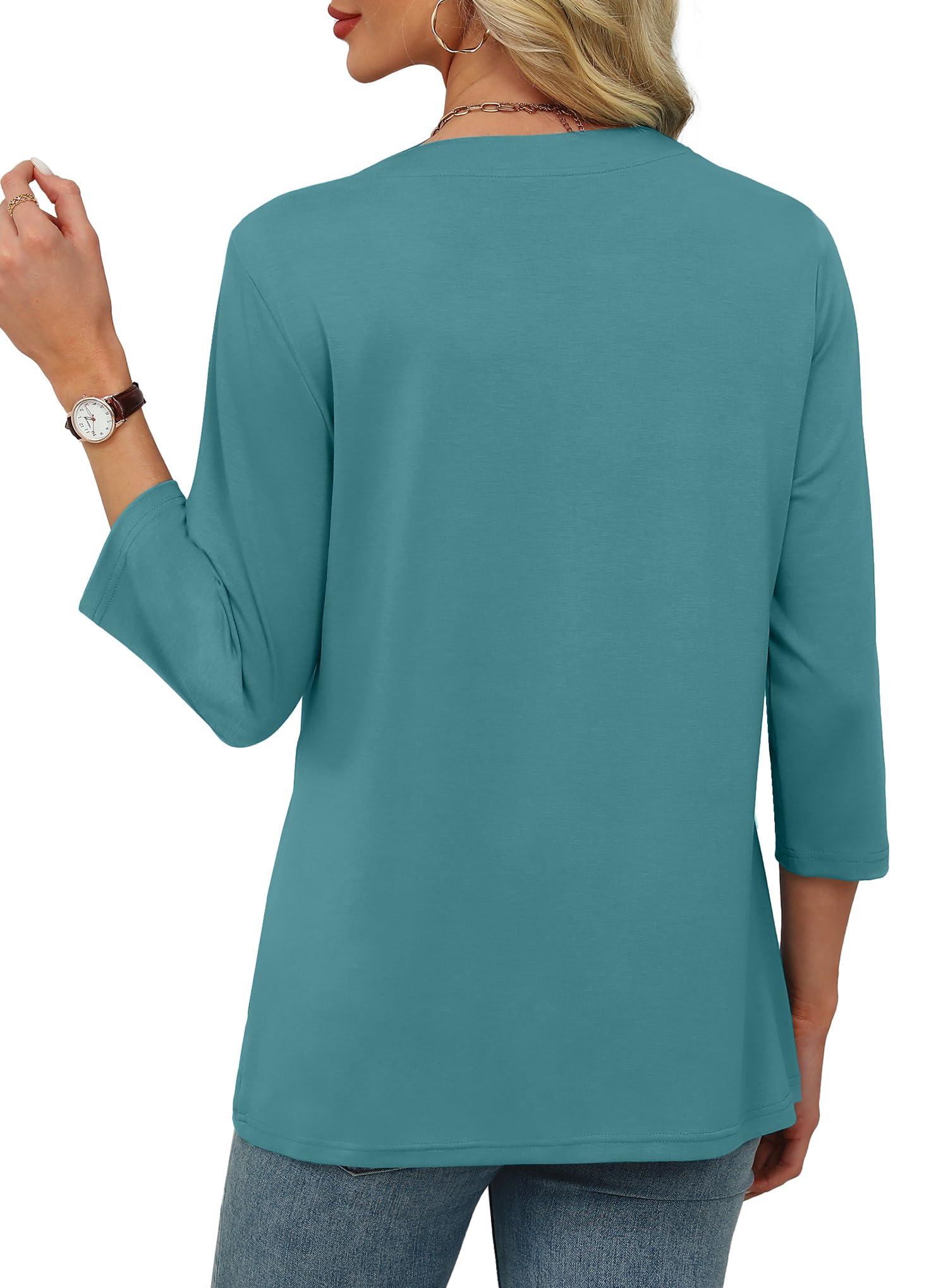 Womens 3/4 Length Sleeve Tops V Neck Pleated Work Blouses(buy 3 free shipping)