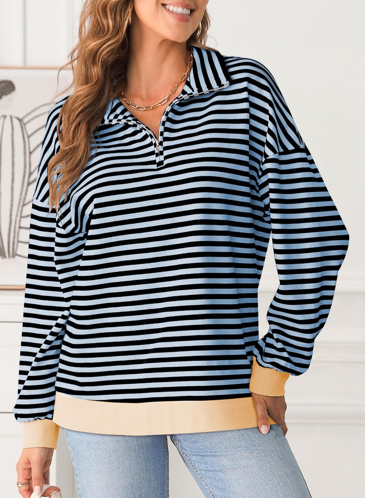 Women Casual Color Block Long Sleeve Shirts Quarter Zip Pullover