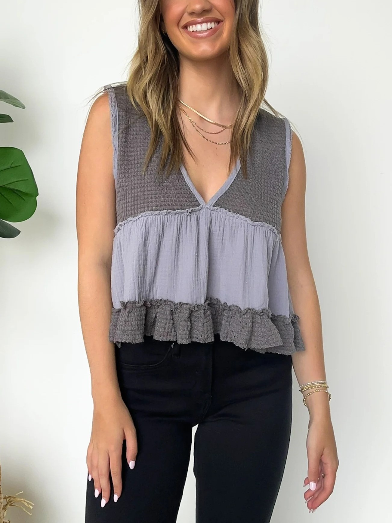 Women's V-Neck Patchwork Ruffle Hem Babydoll Tank Top