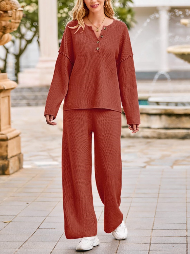 Women's Long Sleeve Button Knit Pullover Sweater and Pants Lounge 2 Piece Outfit Sets