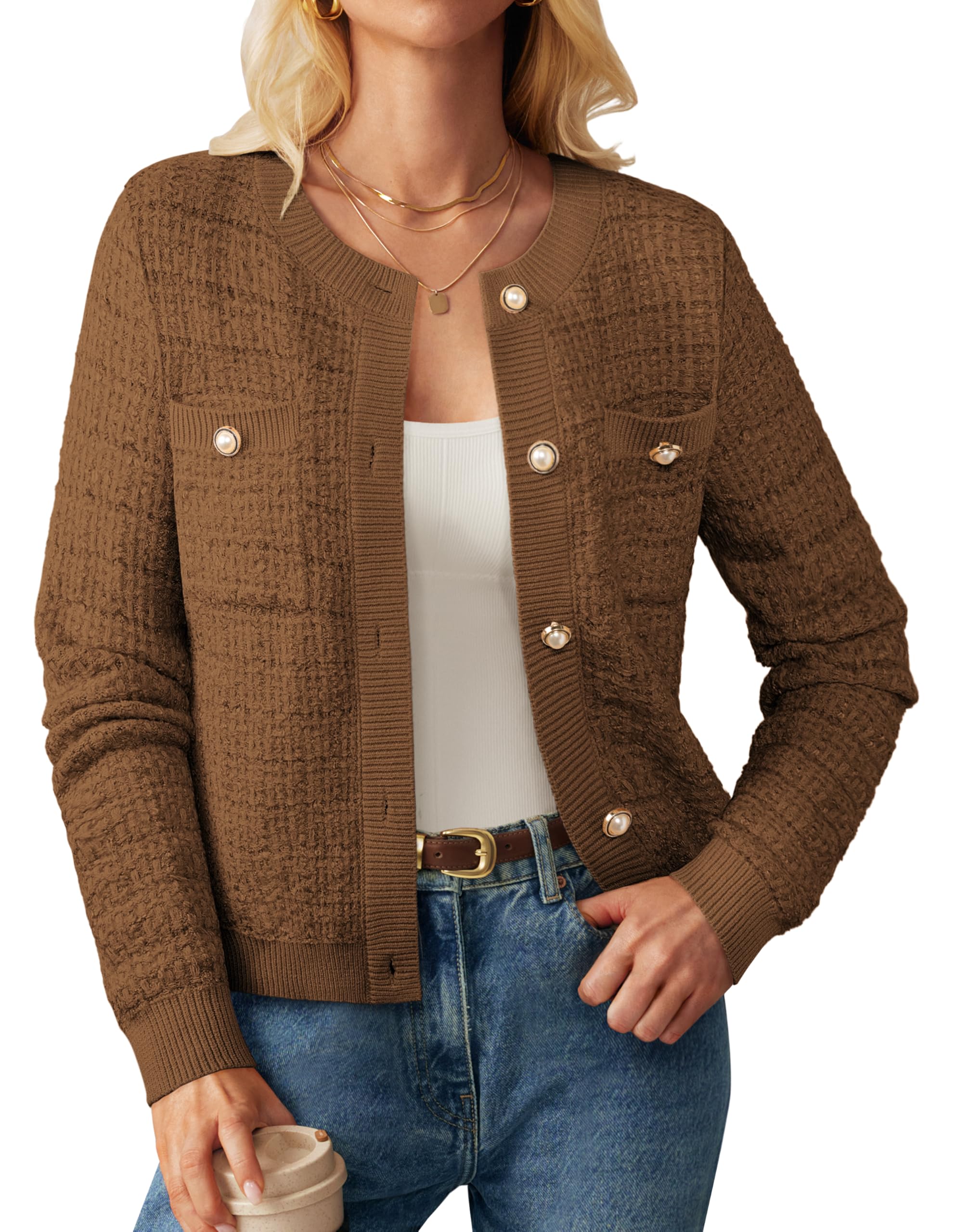 Womens Open Front Button Down Texture Knit Cardigan Sweaters with Pockets