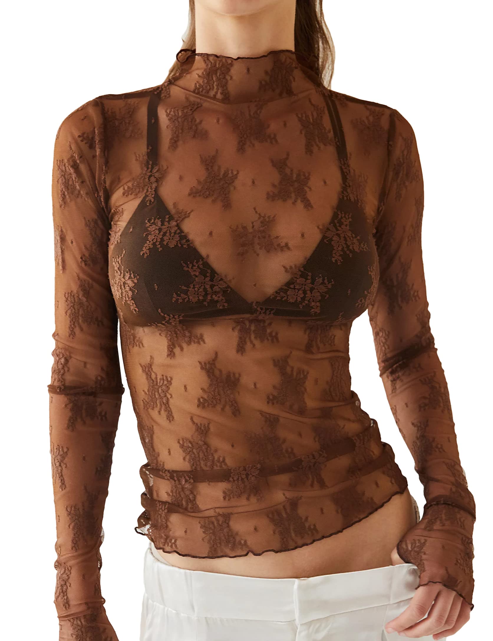 Women's Sexy Long Sleeve Mock Neck Lace Floral Lace Tops