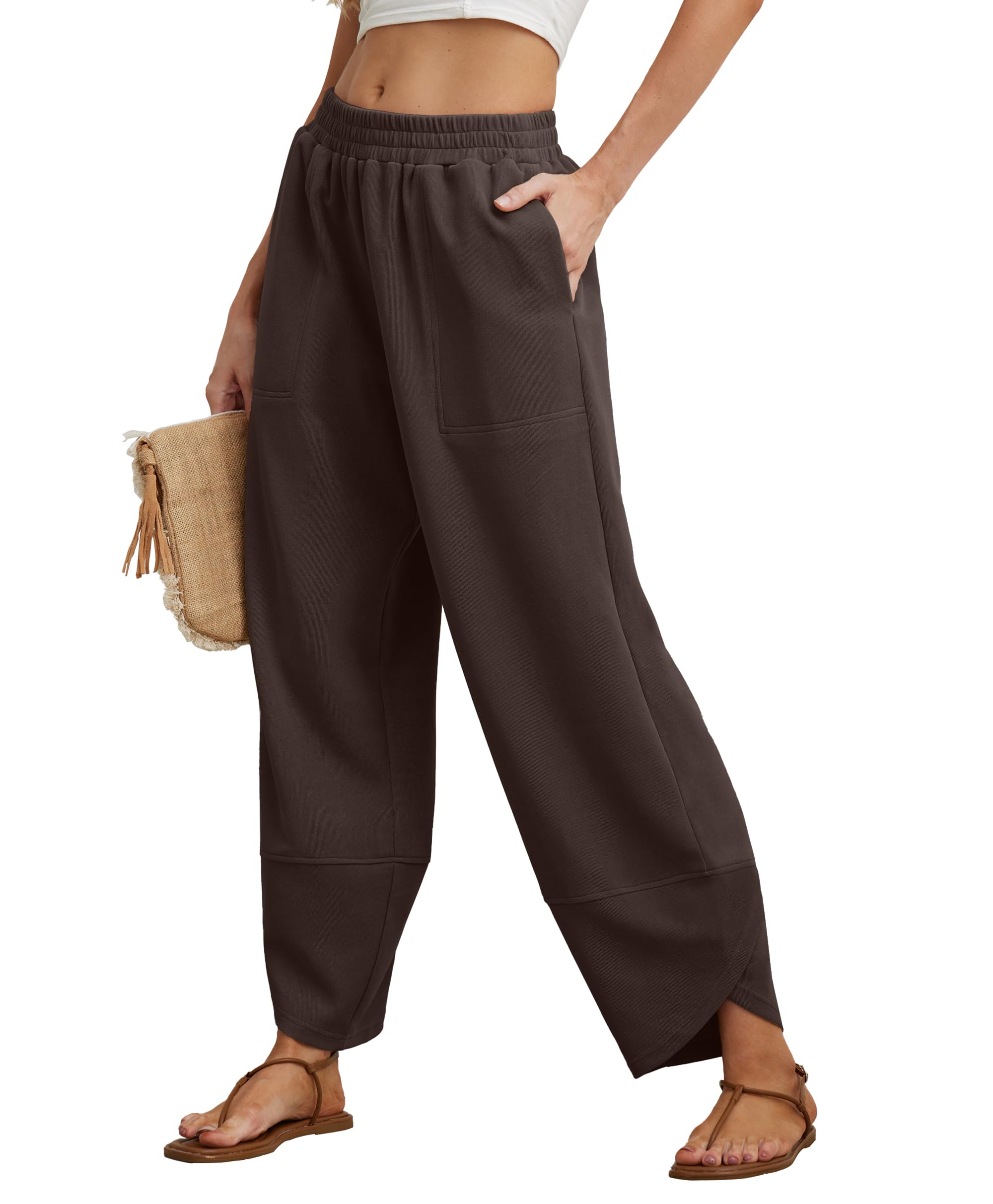 Women's Cotton Elastic Waisted Baggy Wide Leg Pants With Pockets