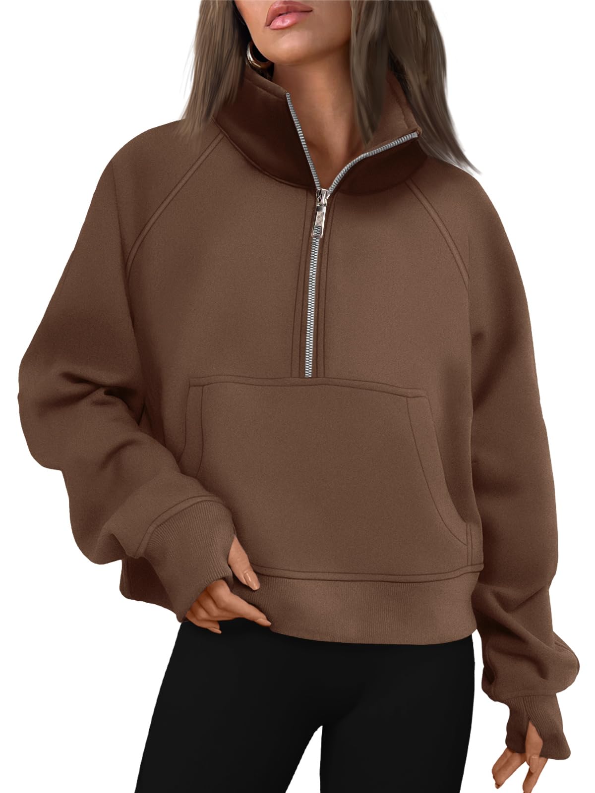 Womens Half Zip Cropped Sweatshirt With Thumb Hole