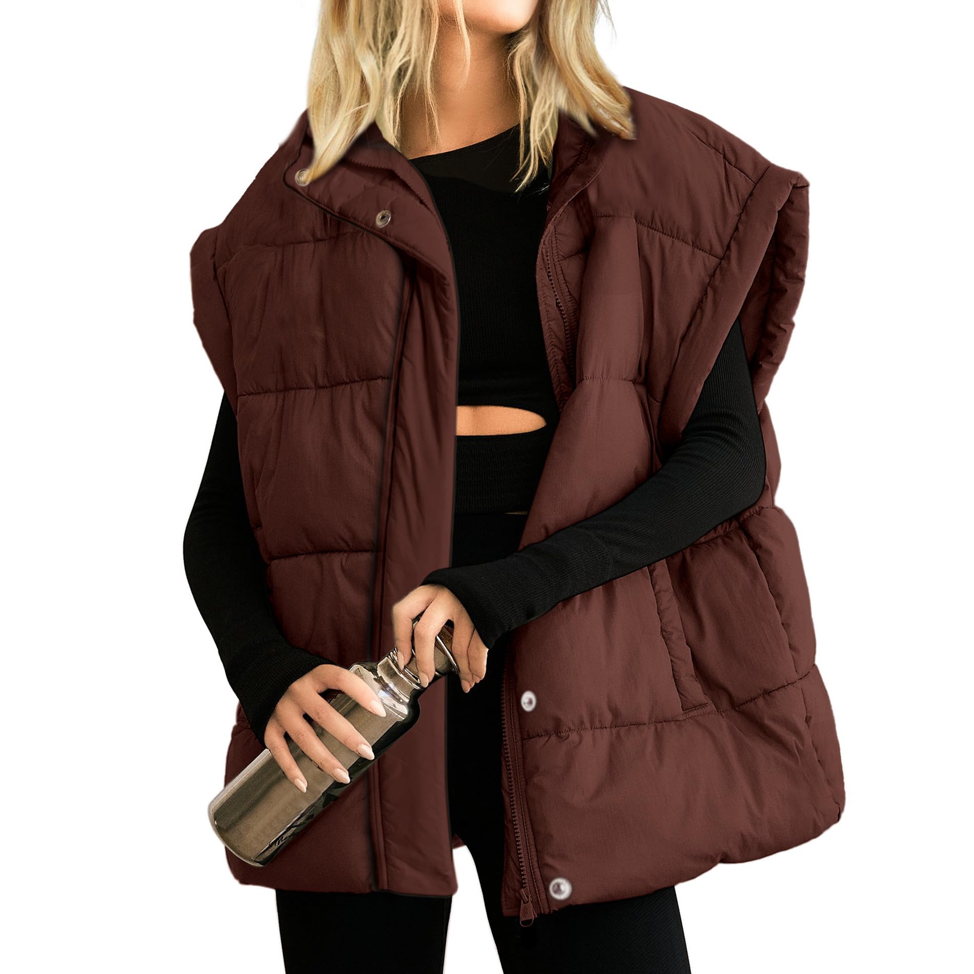 Women's Oversized Stand Collar Full Zip Puffer Vest