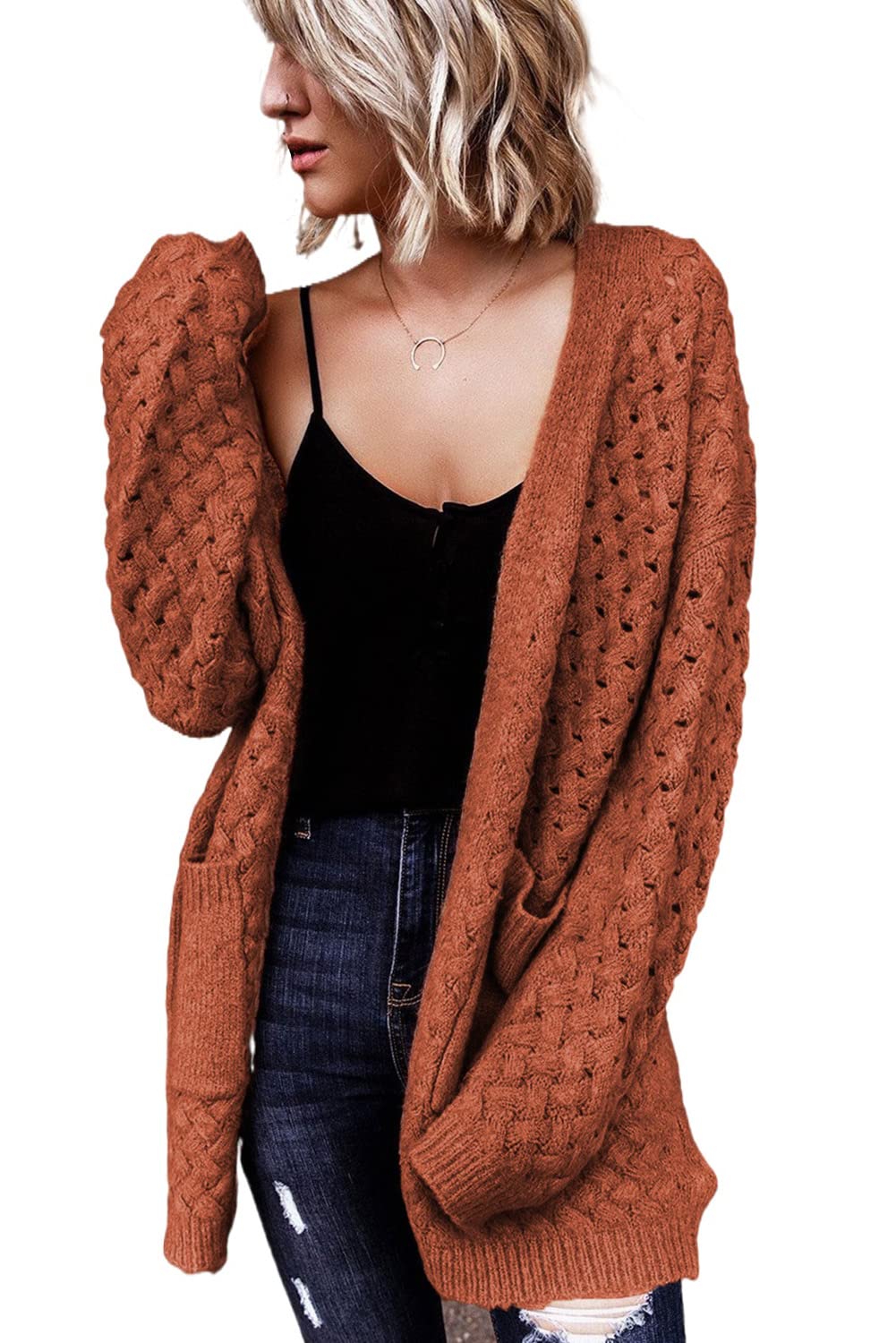 Women's Casual Open Front Long Sleeve Chunky Cable Knit Cardigans With Pockets