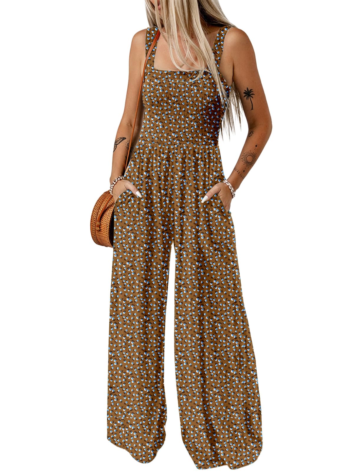 Womens Overalls Casual Floral Print Sleeveless Jumpsuit with Pockets