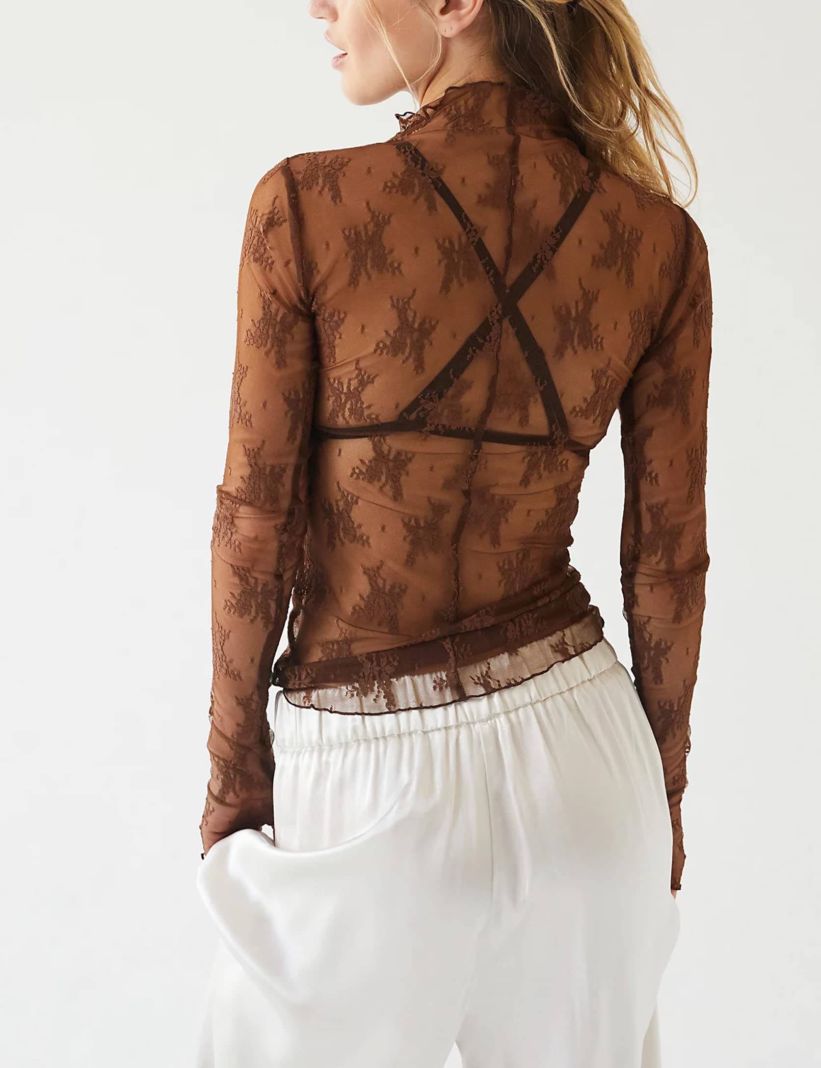 Women's Sexy Long Sleeve Mock Neck Lace Floral Lace Tops