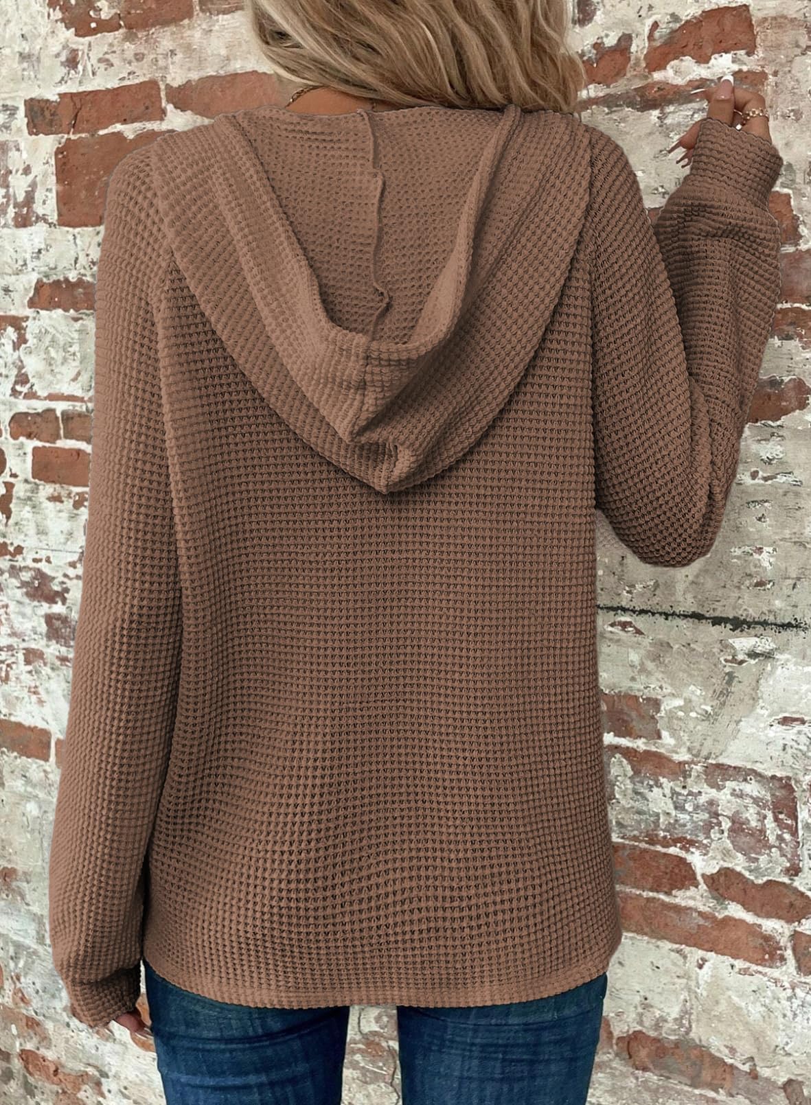 2024 New Women's Waffle Knit Drawstring Button V Neck Hooded Sweatshirt(buy 2 free shipping)