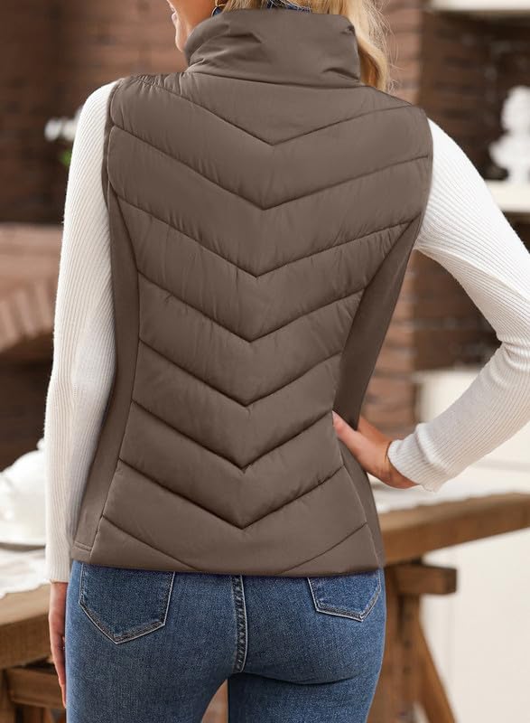 Womens Sleeveless Zip Up Stand Collar Quilted Vest