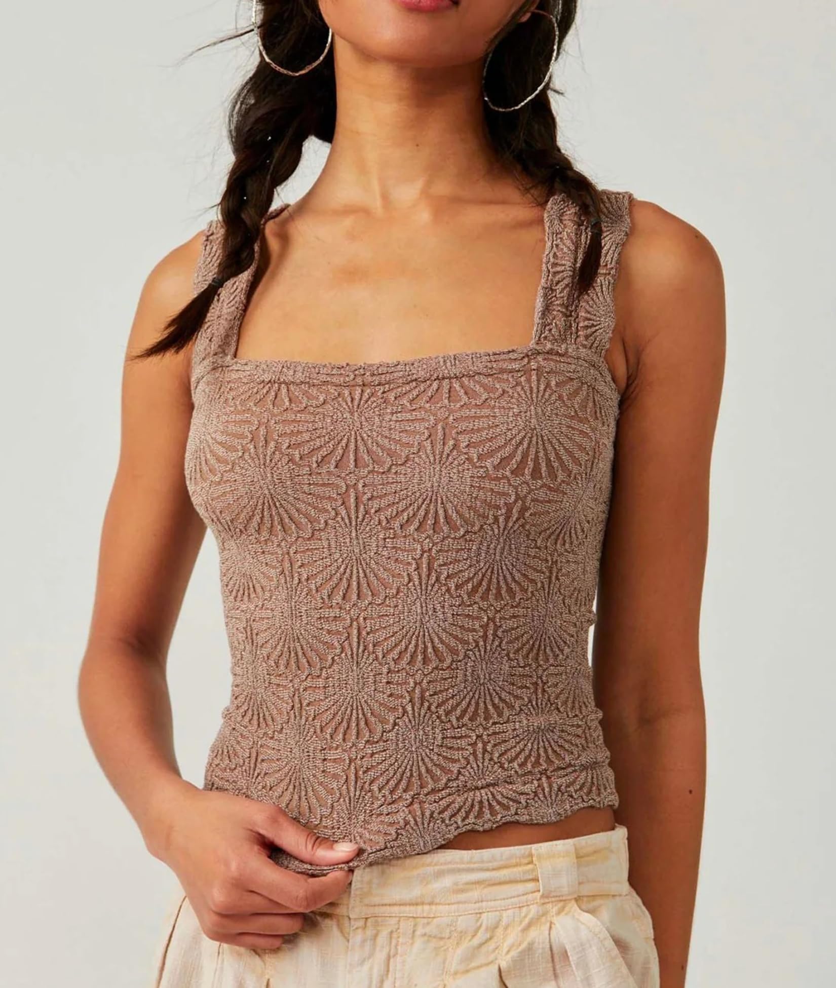 Women's Square Neck Wide Back Tank Top Floral Pattern Out Top