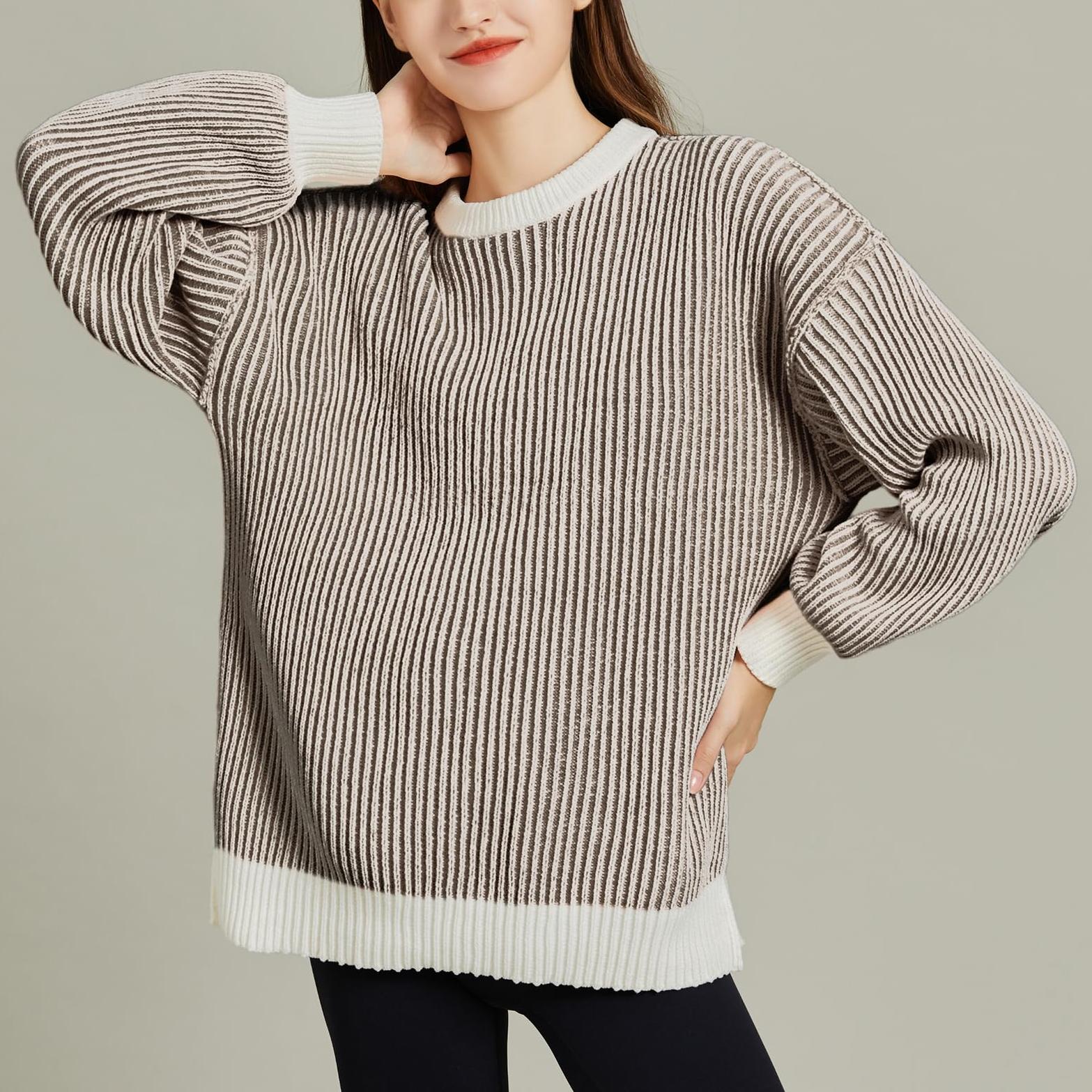 Women Striped Round Neck Rib Knit Blouse Sweater