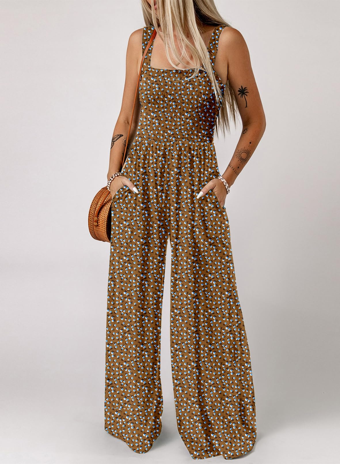 Womens Overalls Casual Floral Print Sleeveless Jumpsuit with Pockets