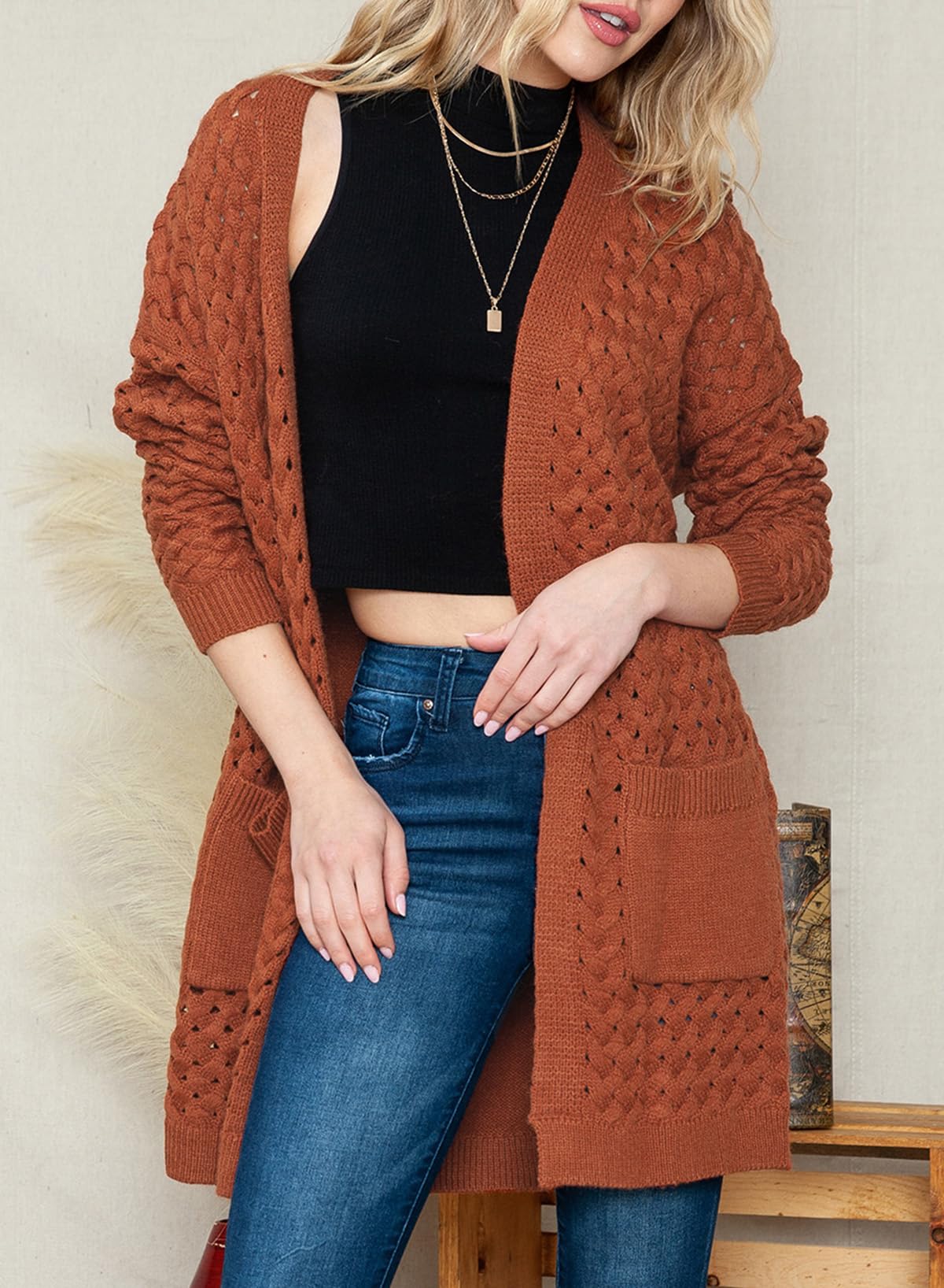 Women's Casual Open Front Long Sleeve Chunky Cable Knit Cardigans With Pockets