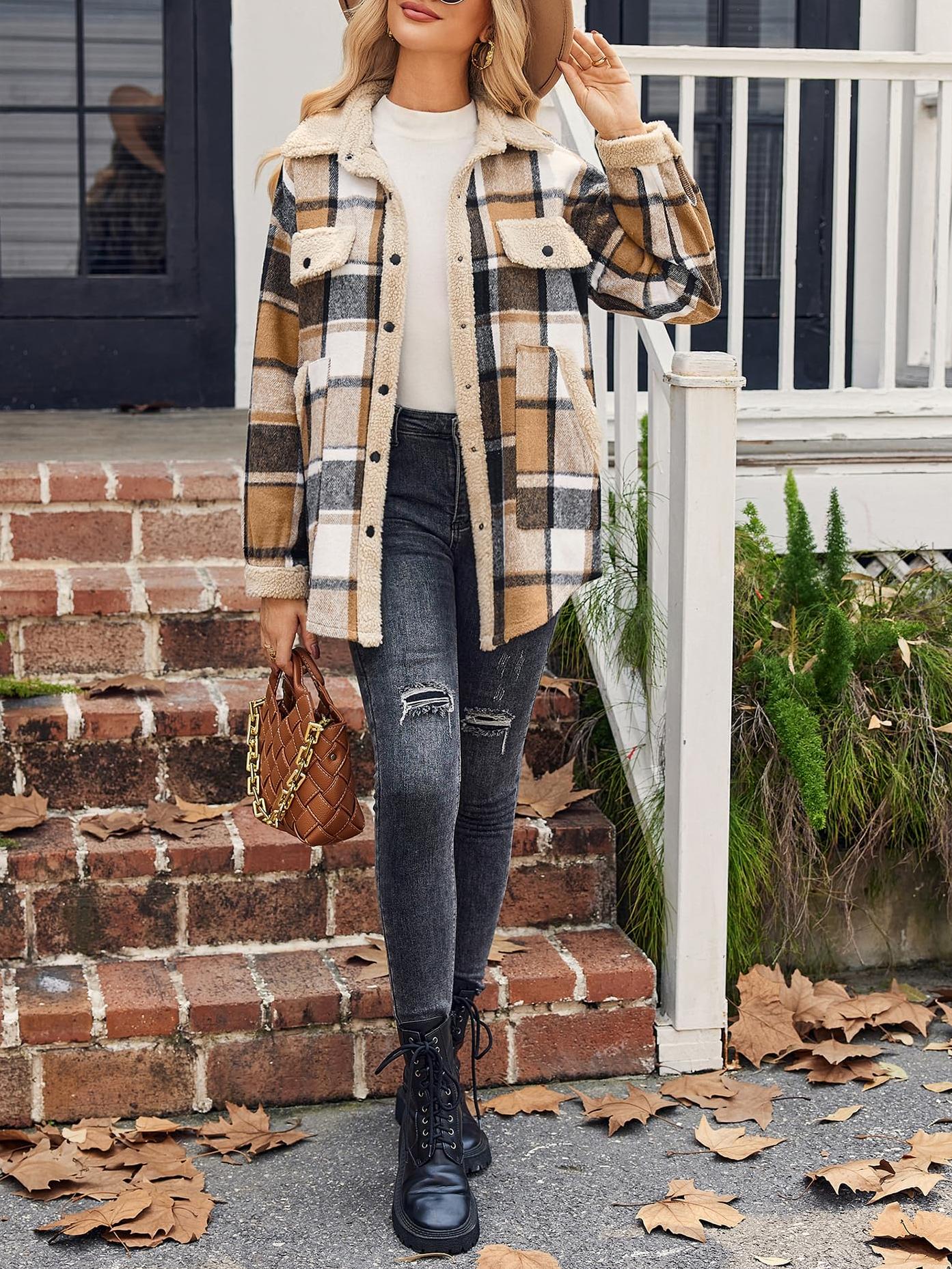 Womens Plaid Casual Long Sleeve Button Down  Fall Winter Coats（Buy 2 10% off）