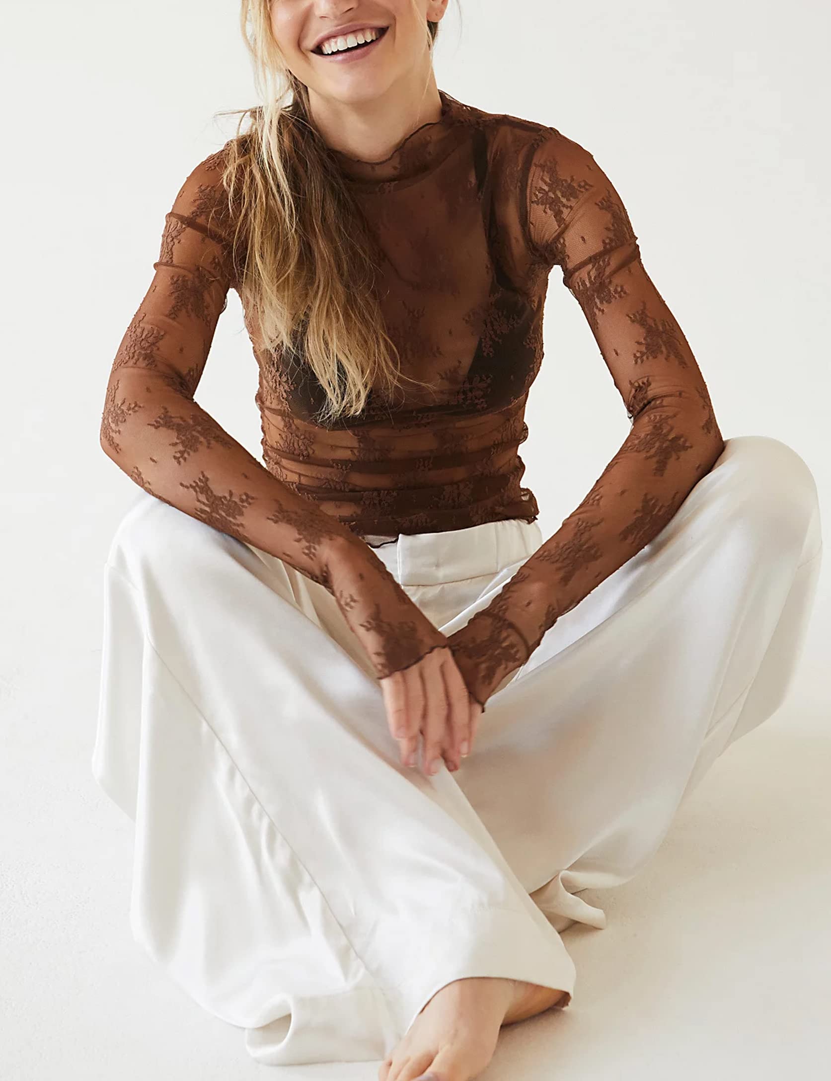 Women's Sexy Long Sleeve Mock Neck Lace Floral Lace Tops