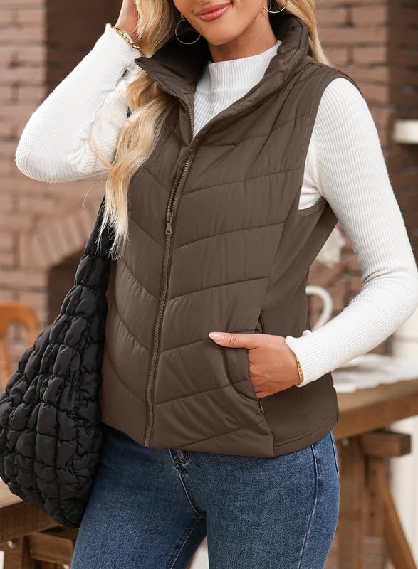 Womens Sleeveless Zip Up Stand Collar Quilted Vest