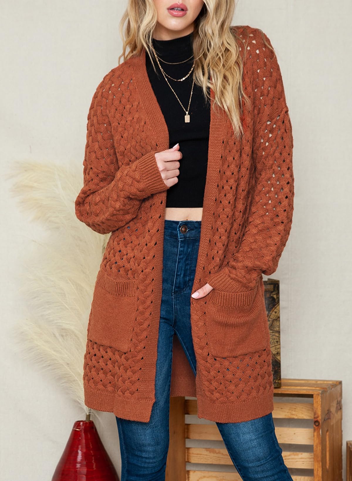 Women's Casual Open Front Long Sleeve Chunky Cable Knit Cardigans With Pockets