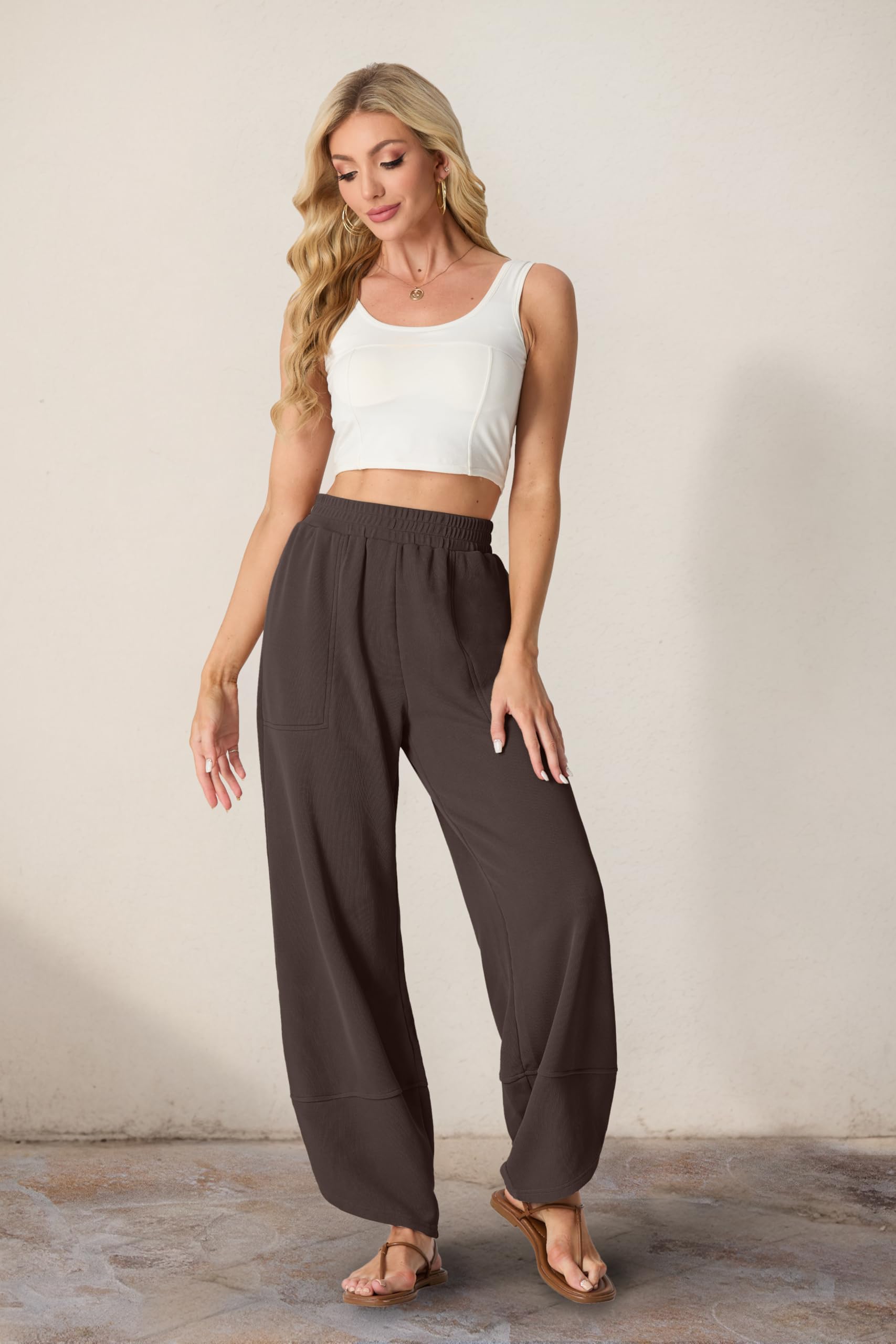 Women's Cotton Elastic Waisted Baggy Wide Leg Pants With Pockets
