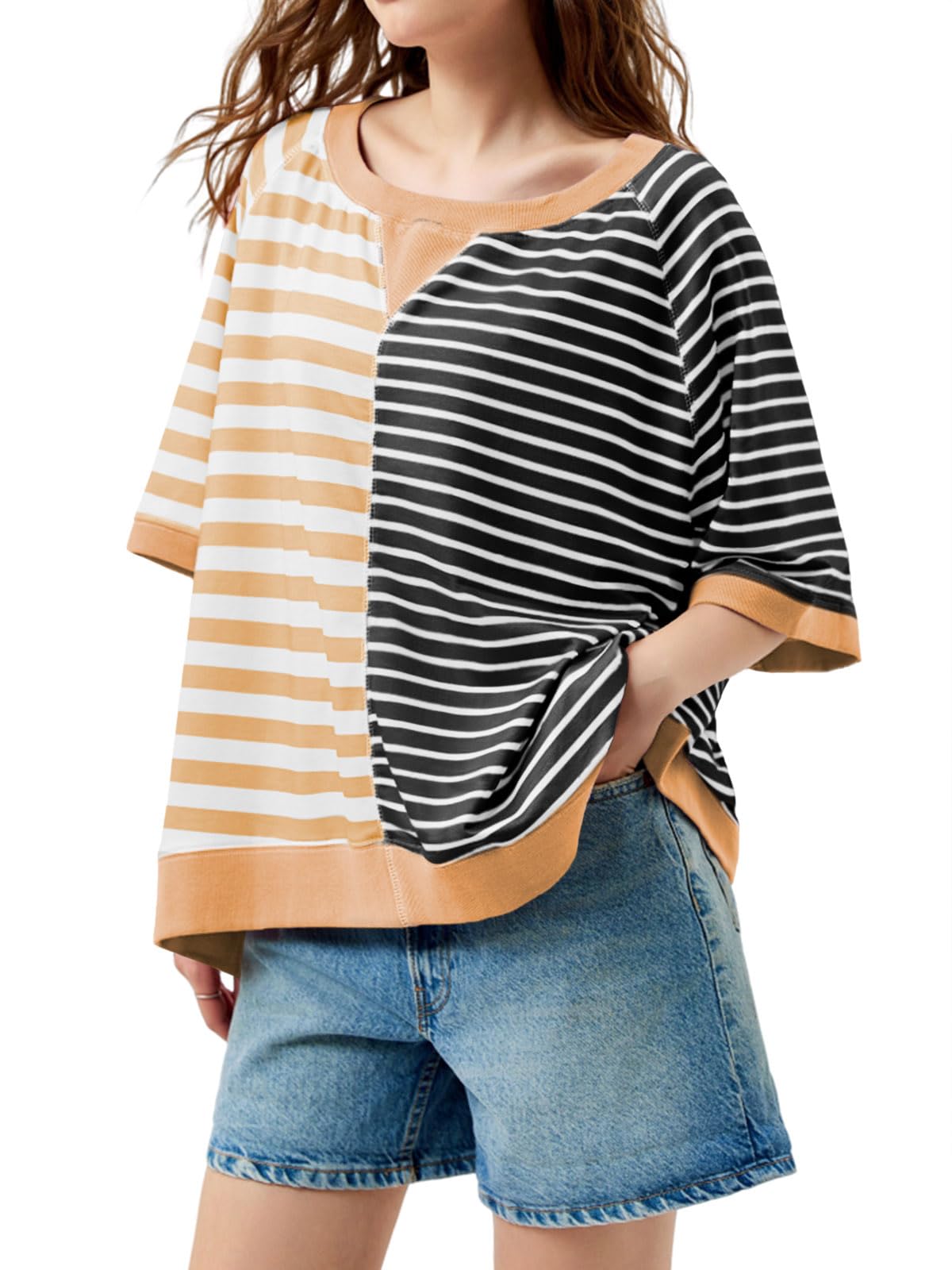 Women's Oversized Striped Color Block Loose Top