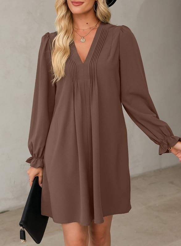 2025 New Womens Casual Ruffle Sleeve V Neck Pleated Flowy Shirt Dresses(BUY 2 FREE SHIPPING)