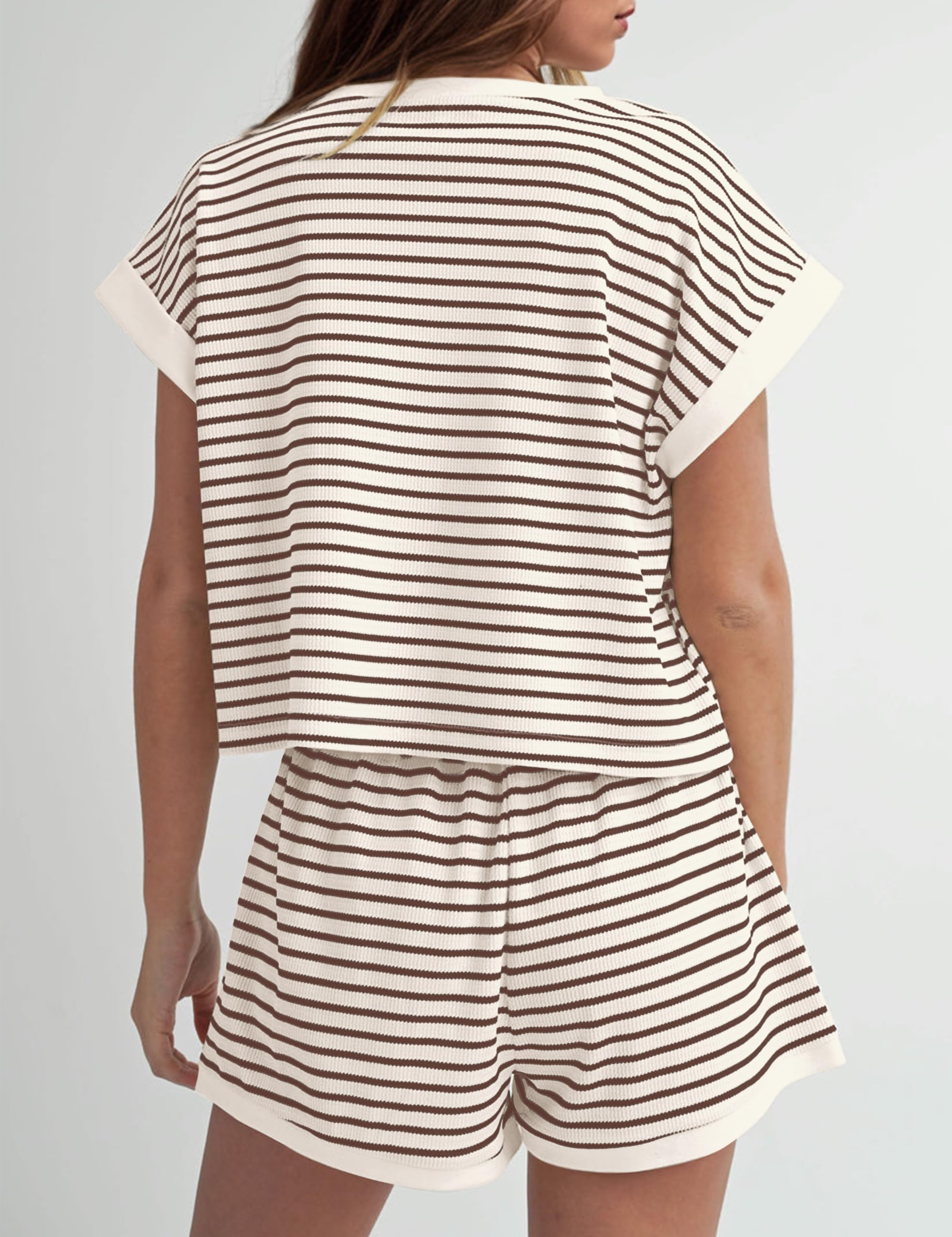 Women Summer Striped Short Sleeve Tee Shirts Mini Shorts 2 Piece Lounge Sets