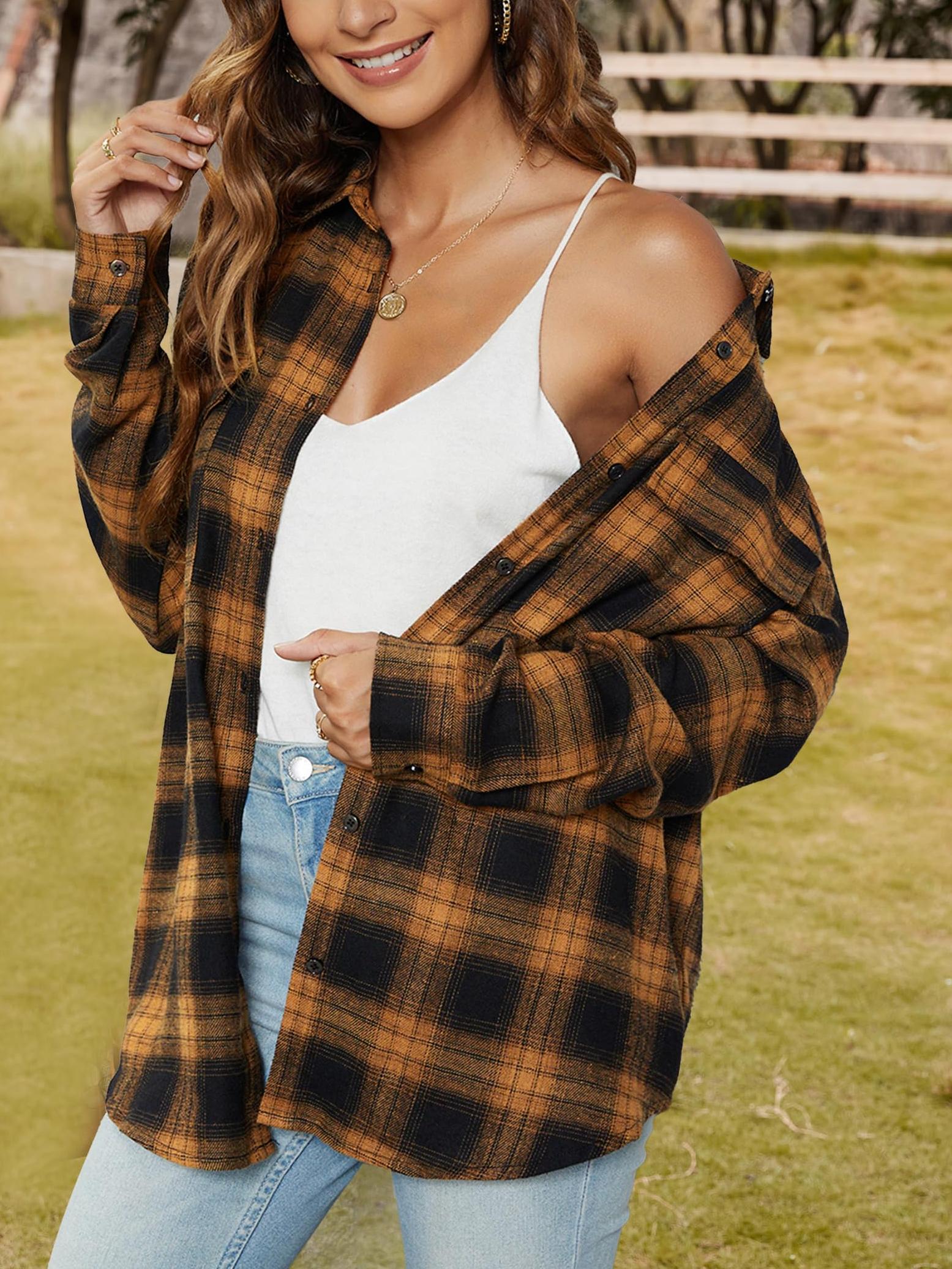 Women's Button Down Flannel Shirts Plaid Shacket