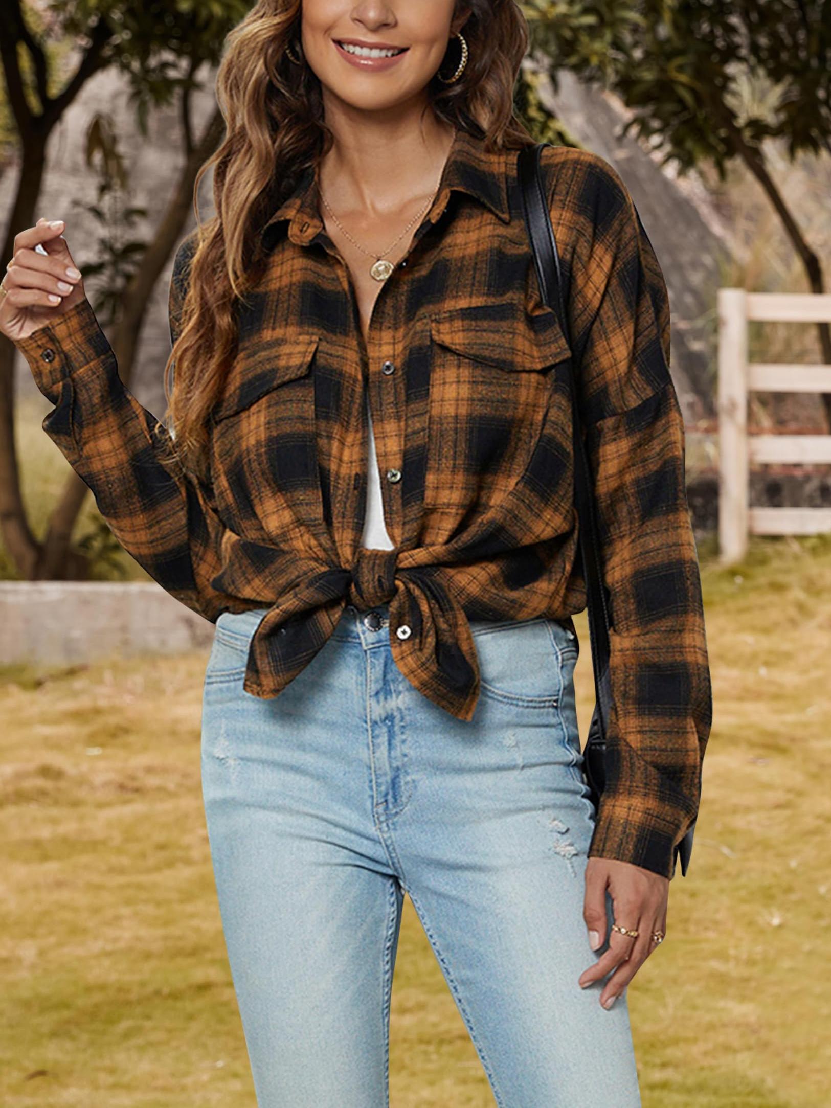 Women's Button Down Flannel Shirts Plaid Shacket
