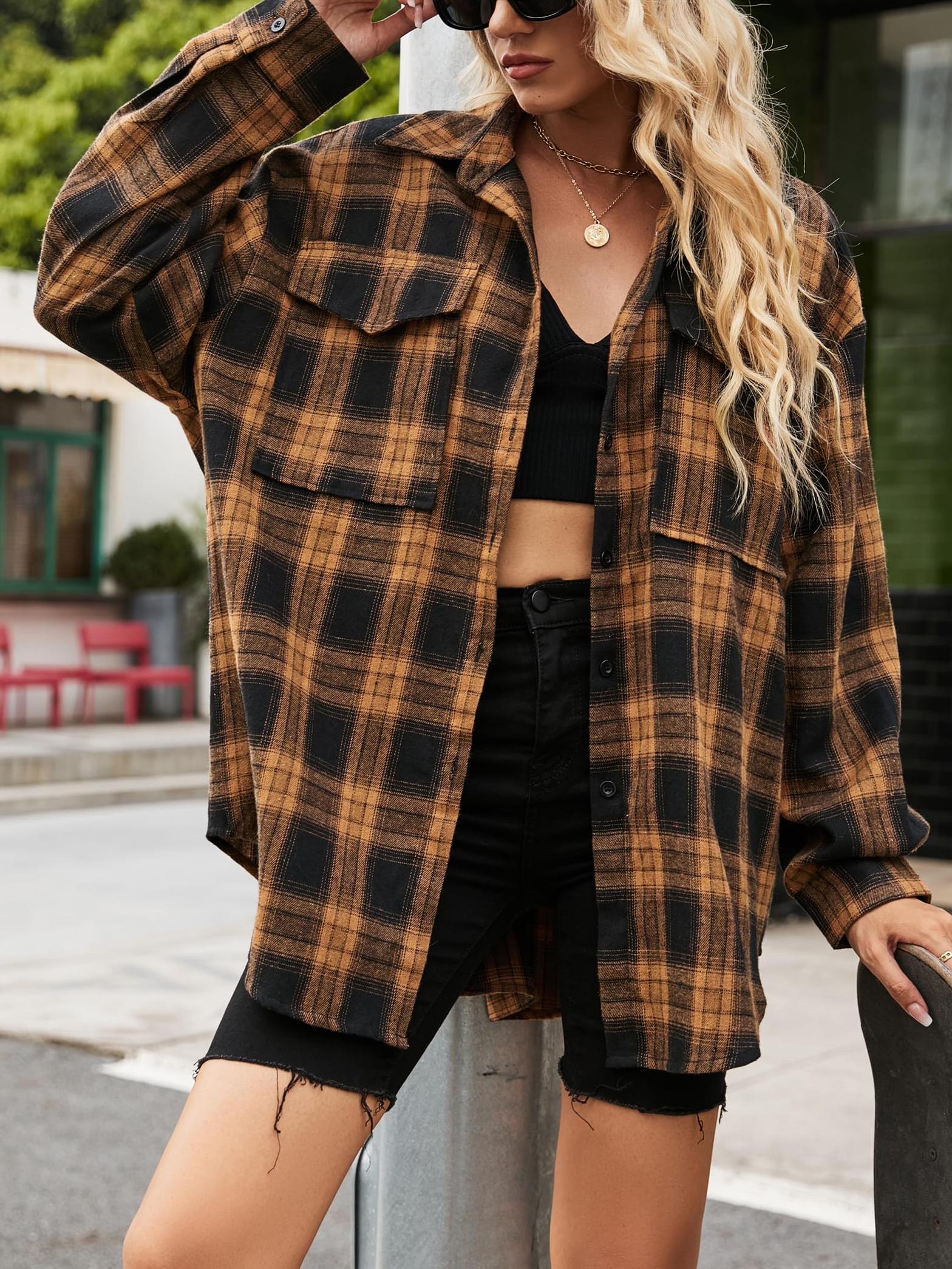 Women's Button Down Flannel Shirts Plaid Shacket