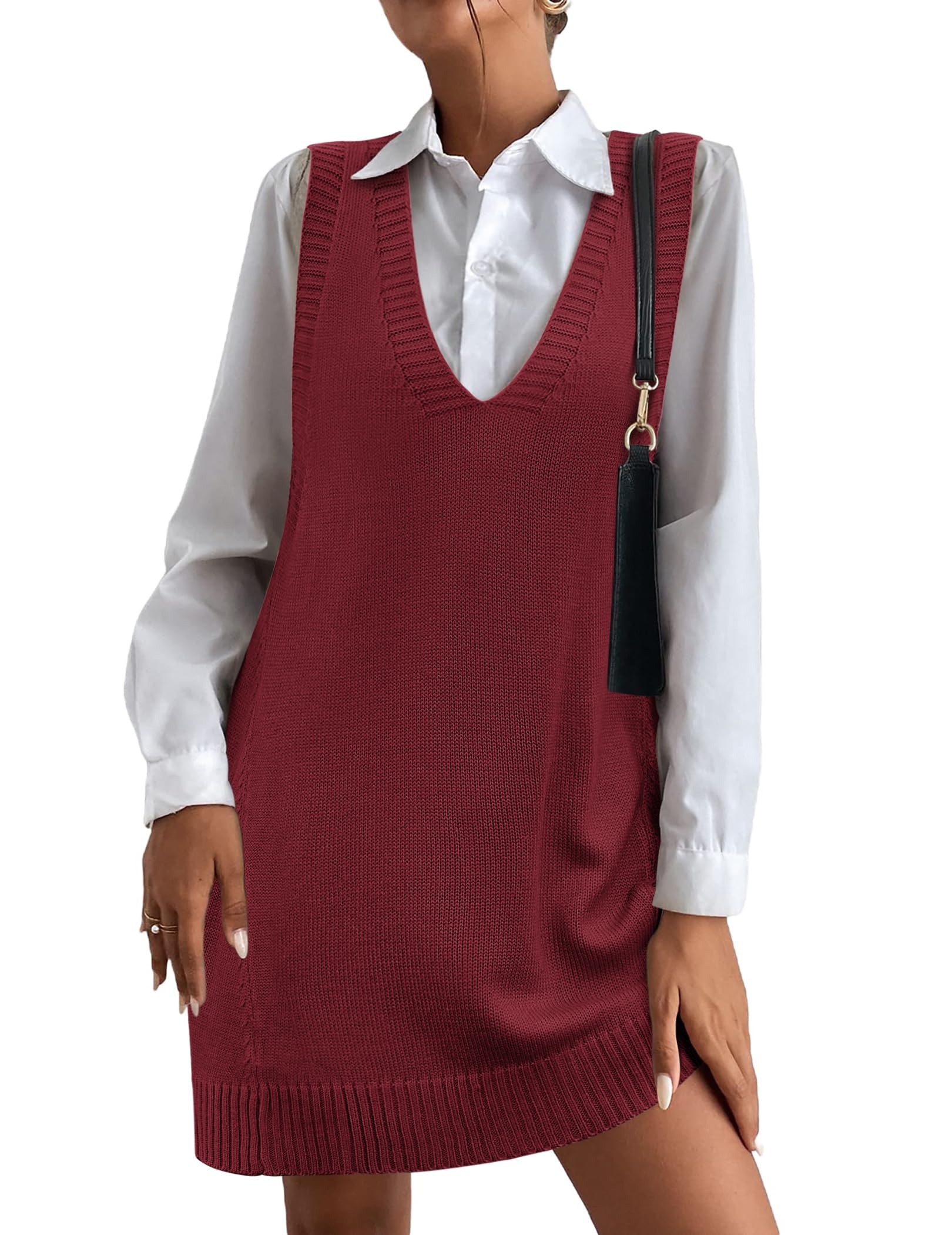 Women Oversized V Neck Sleeveless Knit Pullover Ribbed Vest Dress with Pockets