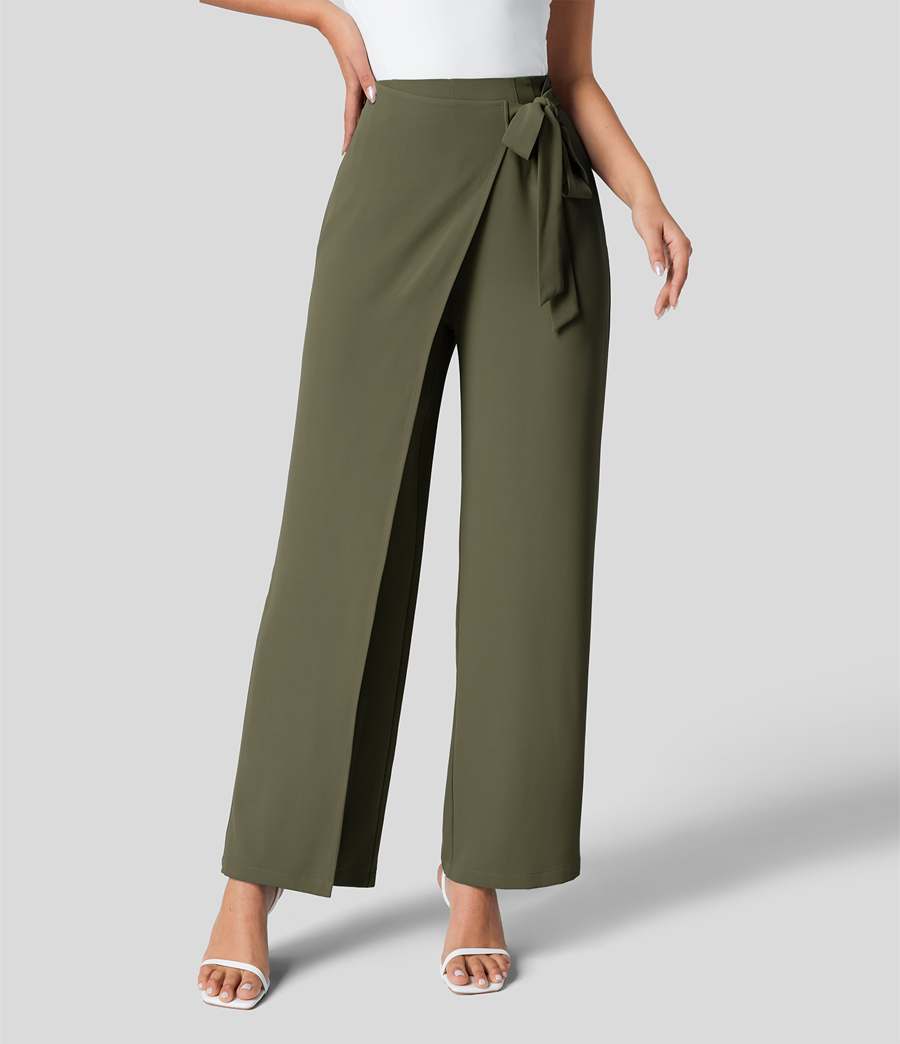 High Waisted Tie Side Invisible Zipper Wide Leg Work Suit Pants