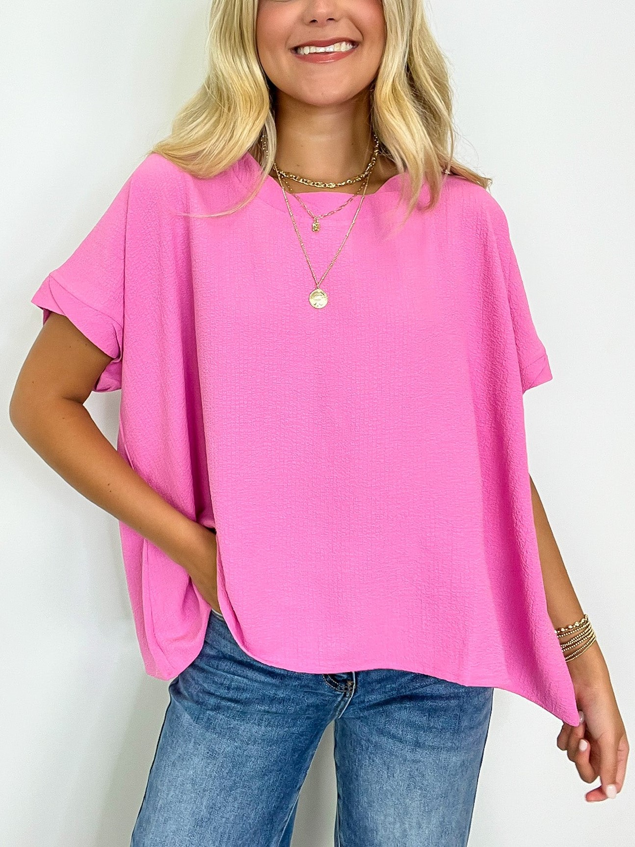 Women's Polygonal Collar Flowy Waved cuffs Short Sleeve Top