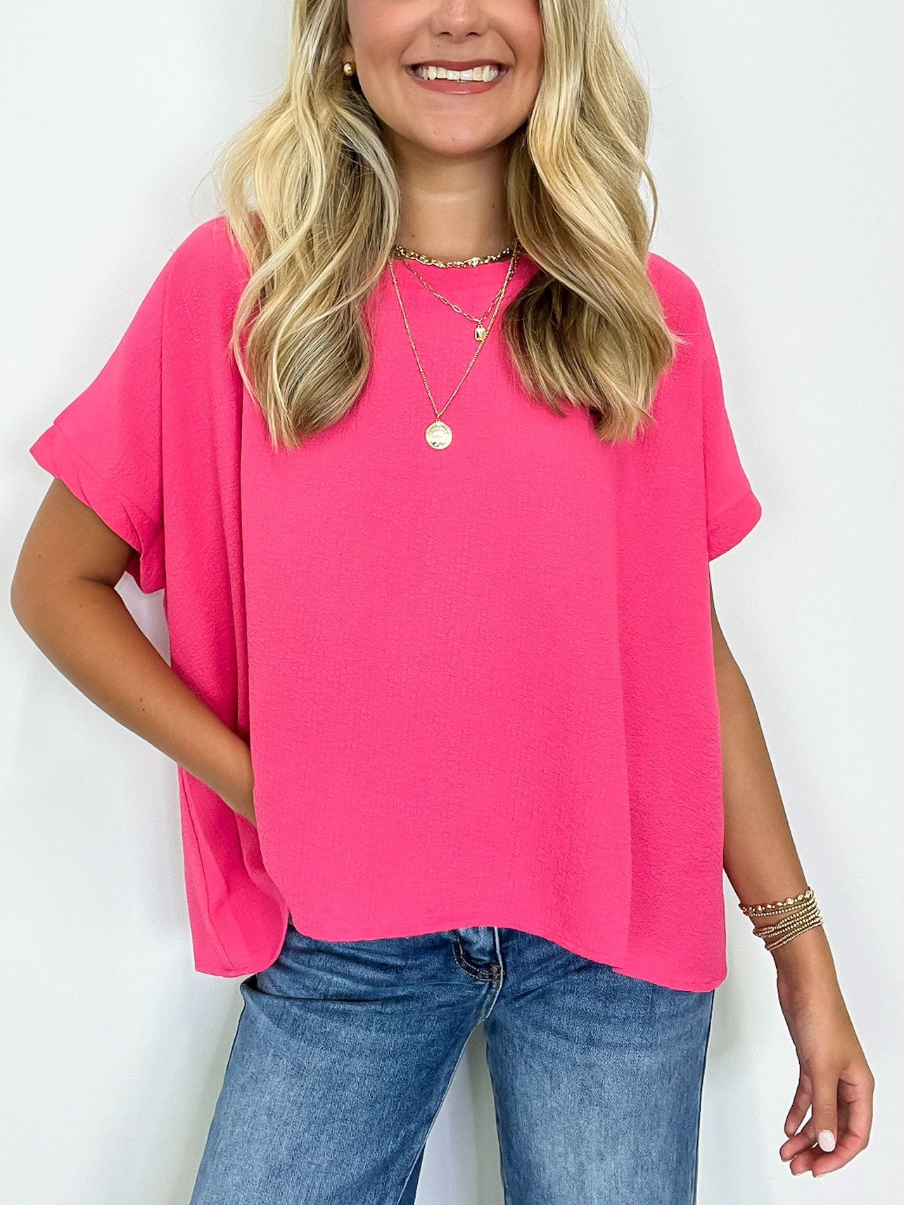 Women's Polygonal Collar Flowy Waved cuffs Short Sleeve Top