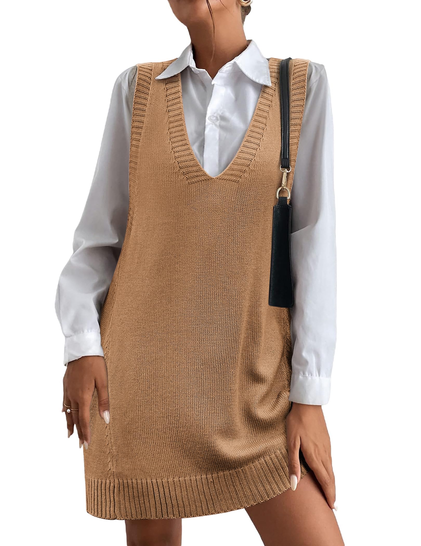 Women Oversized V Neck Sleeveless Knit Pullover Ribbed Vest Dress with Pockets