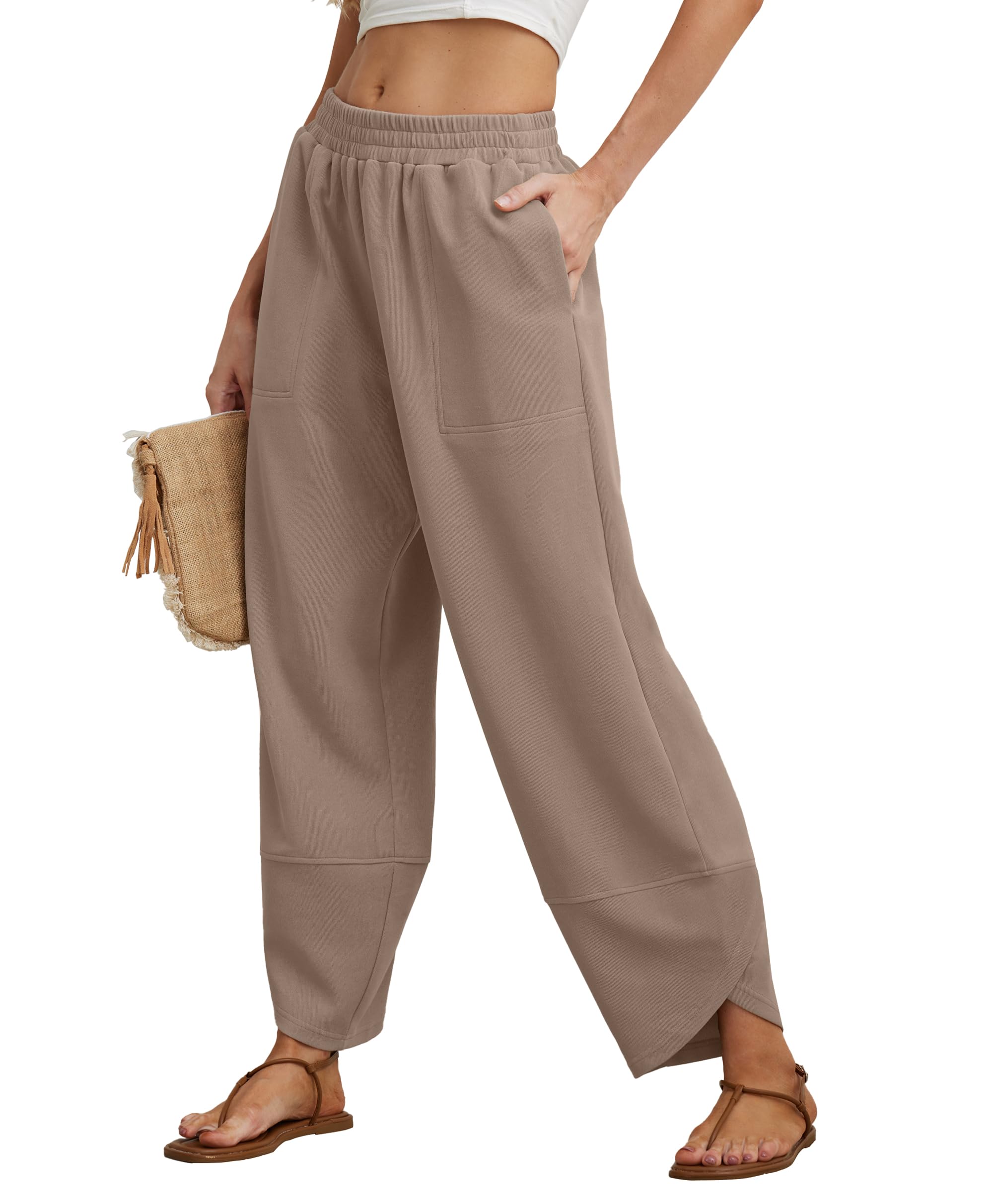 Women's Cotton Elastic Waisted Baggy Wide Leg Pants With Pockets