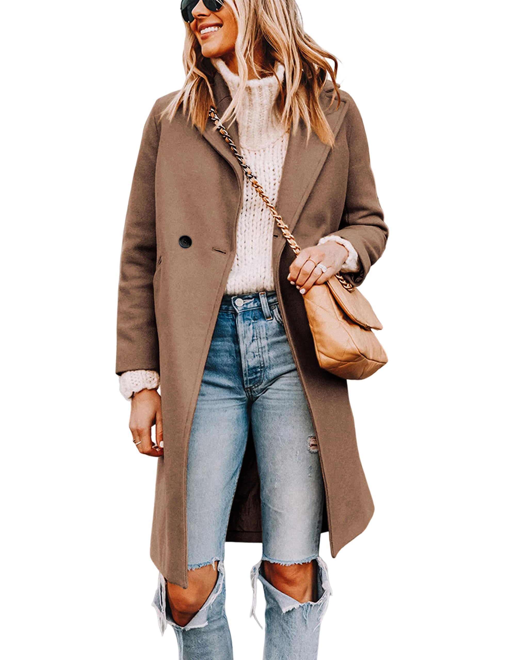 Women's Notch Lapel Double Breasted Wool Blend Mid Long Pea Trench Coat