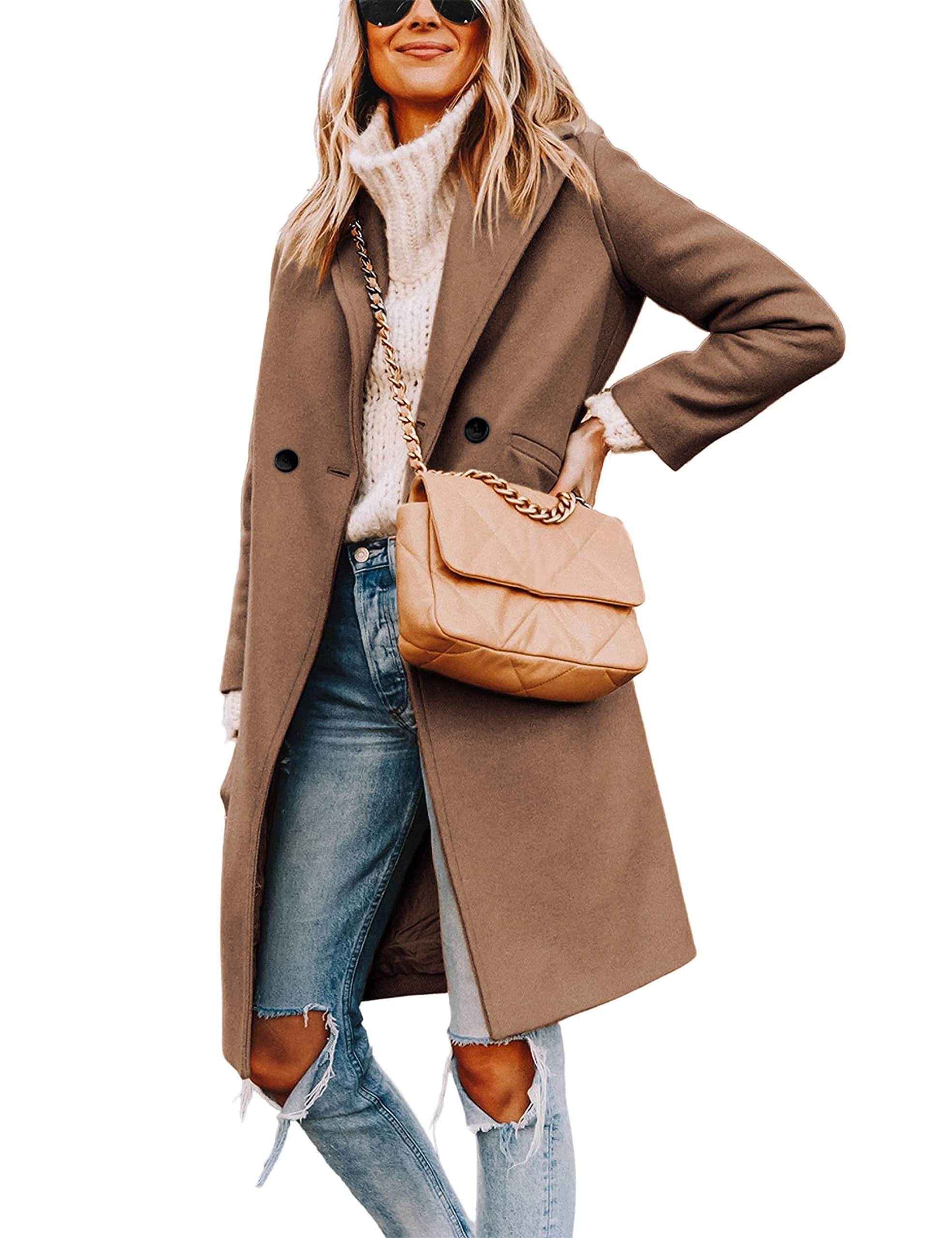 Women's Notch Lapel Double Breasted Wool Blend Mid Long Pea Trench Coat