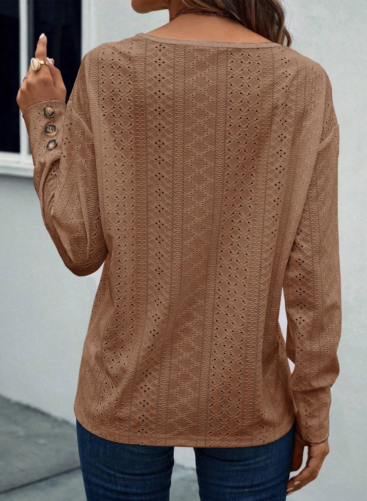 Women's Casual V Neck Long Sleeve Hollow Out Lace Embroidered Tops