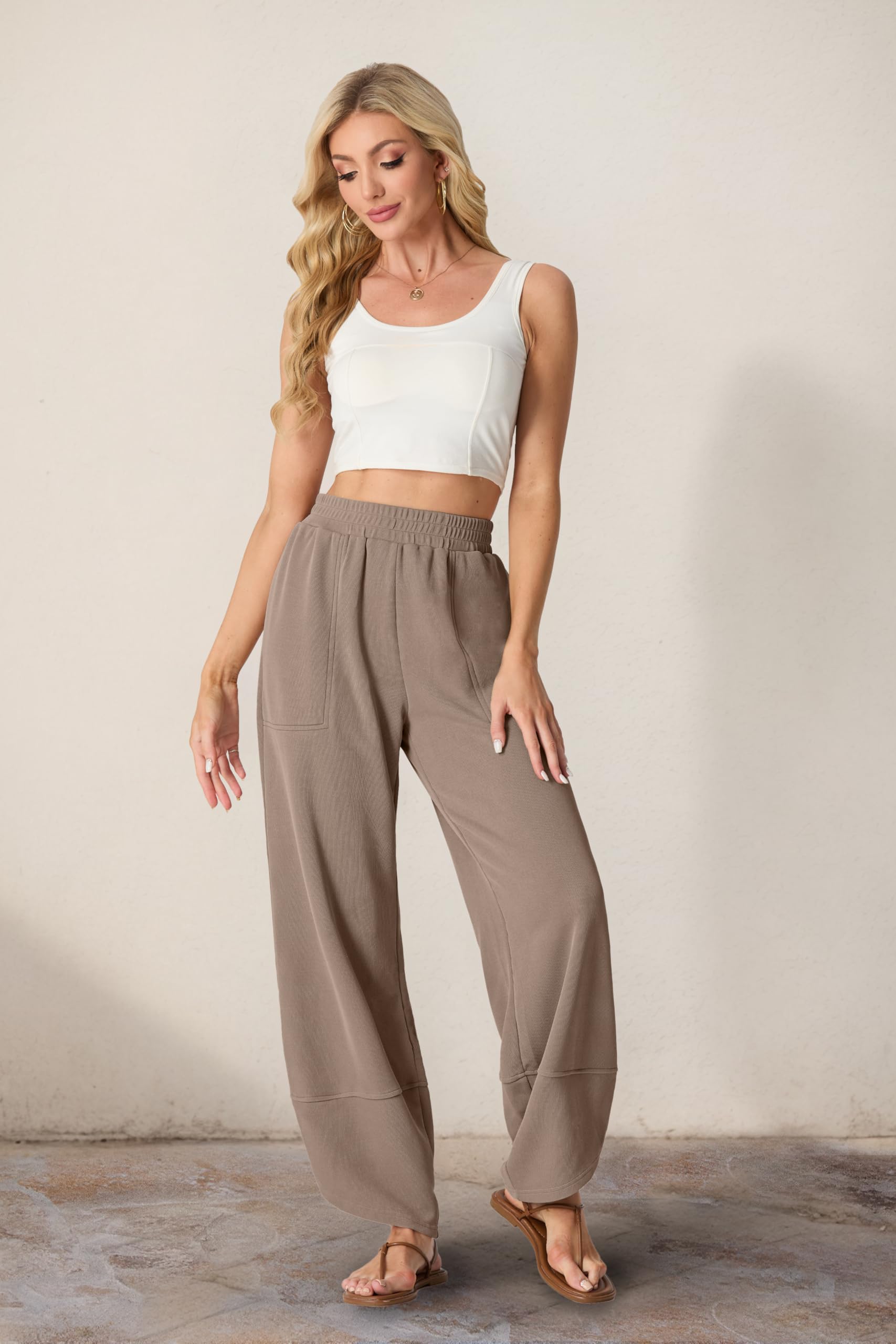 Women's Cotton Elastic Waisted Baggy Wide Leg Pants With Pockets