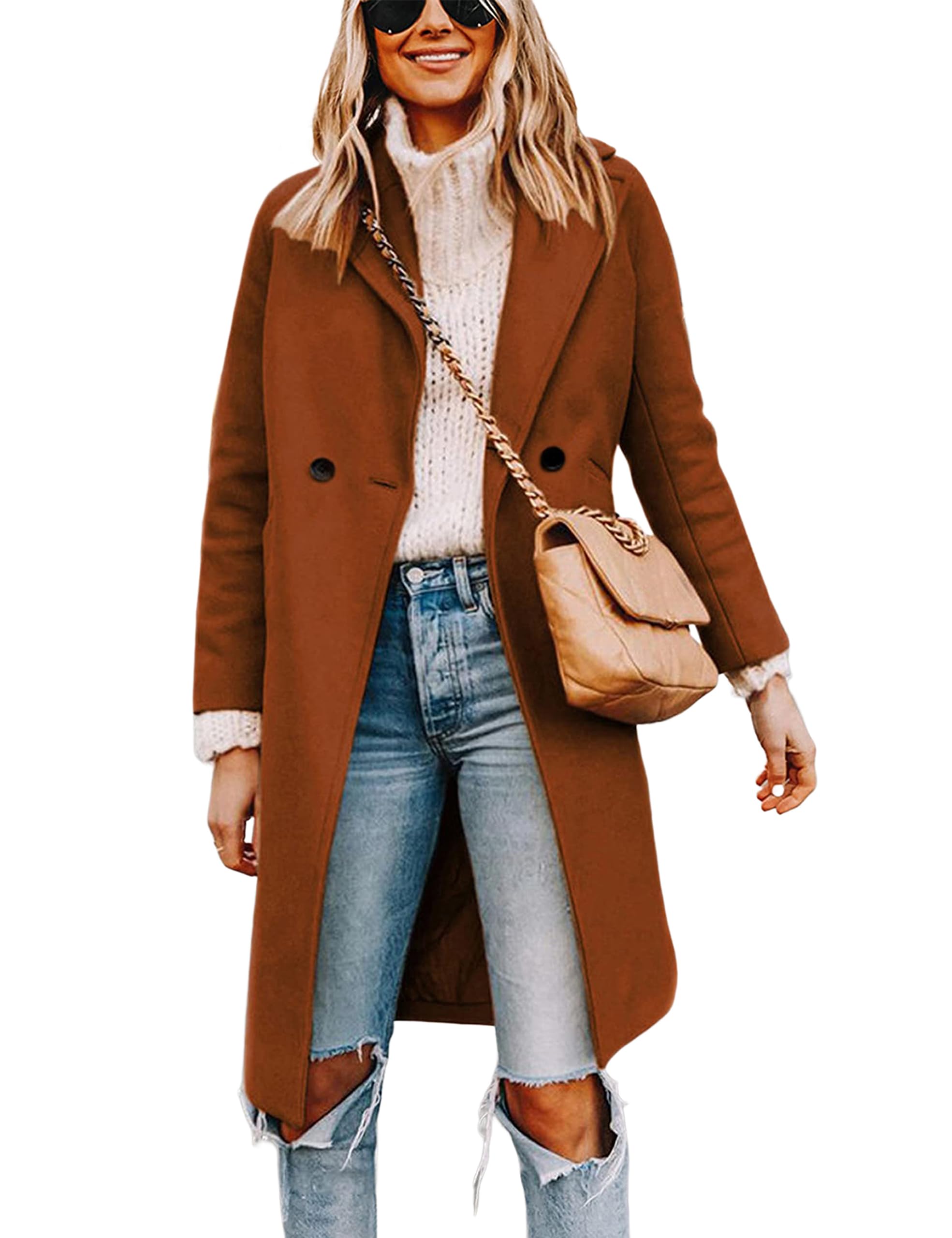 Women's Notch Lapel Double Breasted Wool Blend Mid Long Pea Trench Coat