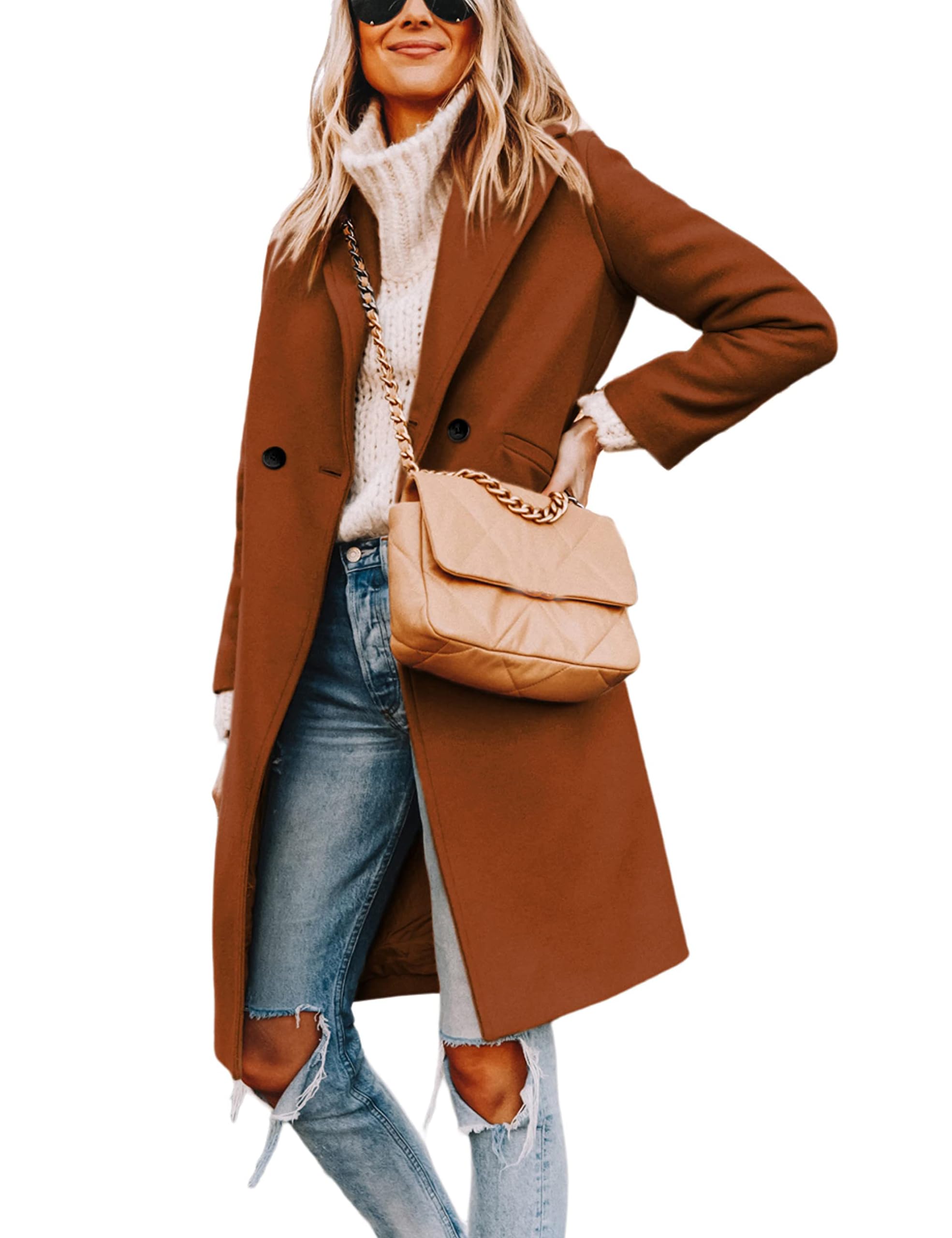 Women's Notch Lapel Double Breasted Wool Blend Mid Long Pea Trench Coat