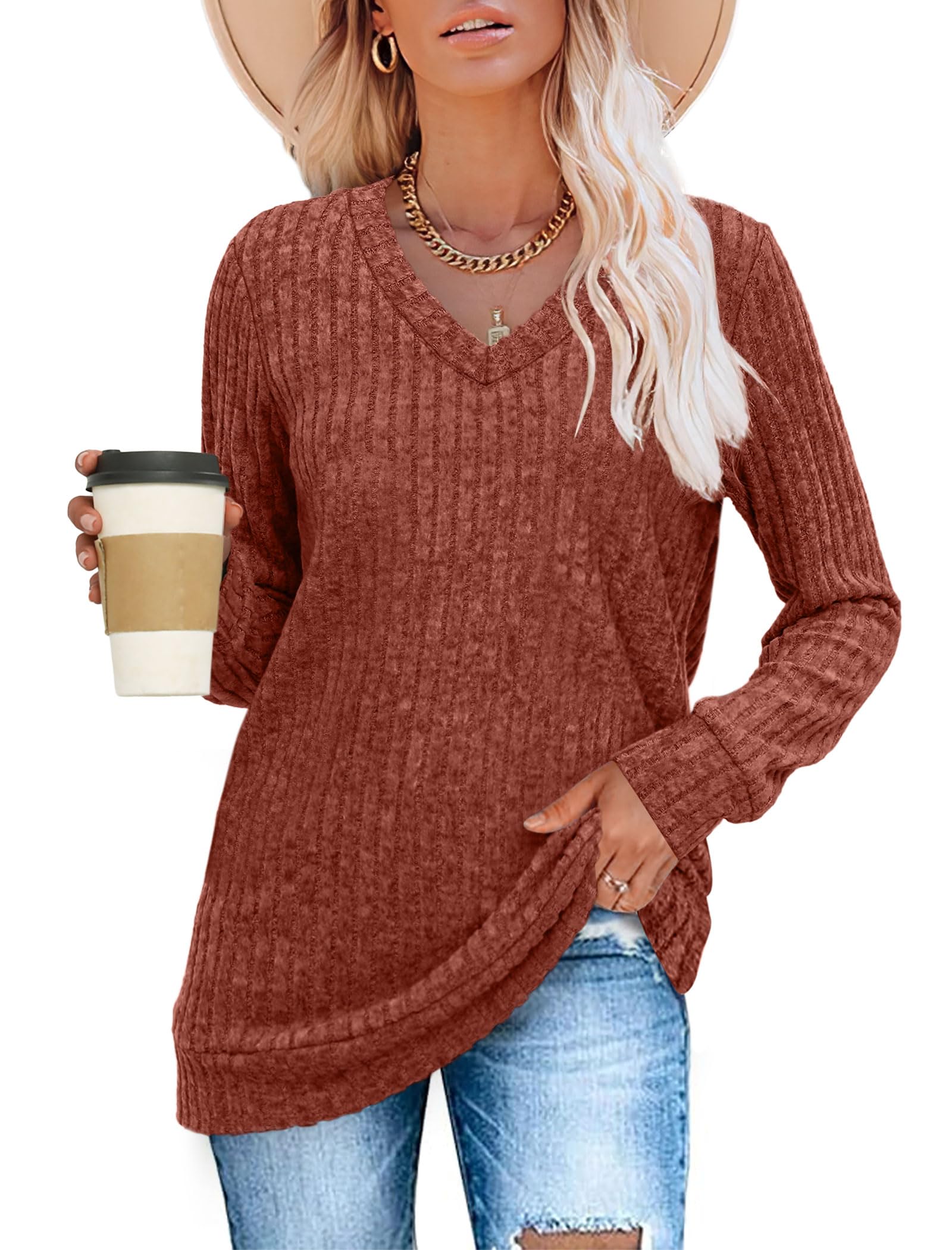 Women's Casual Fall V Neck Lightweight Tunic Sweaters 