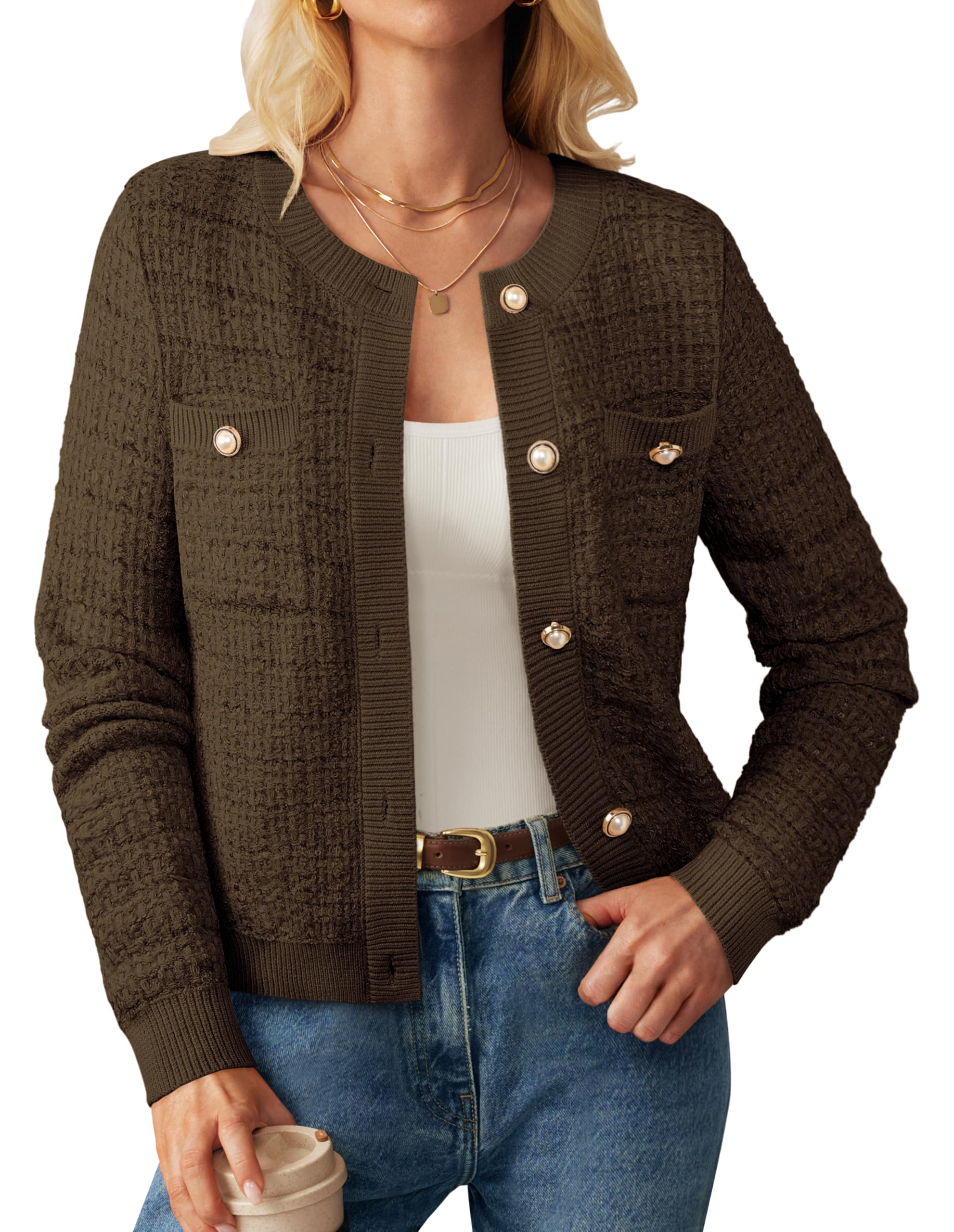 Womens Open Front Button Down Texture Knit Cardigan Sweaters with Pockets